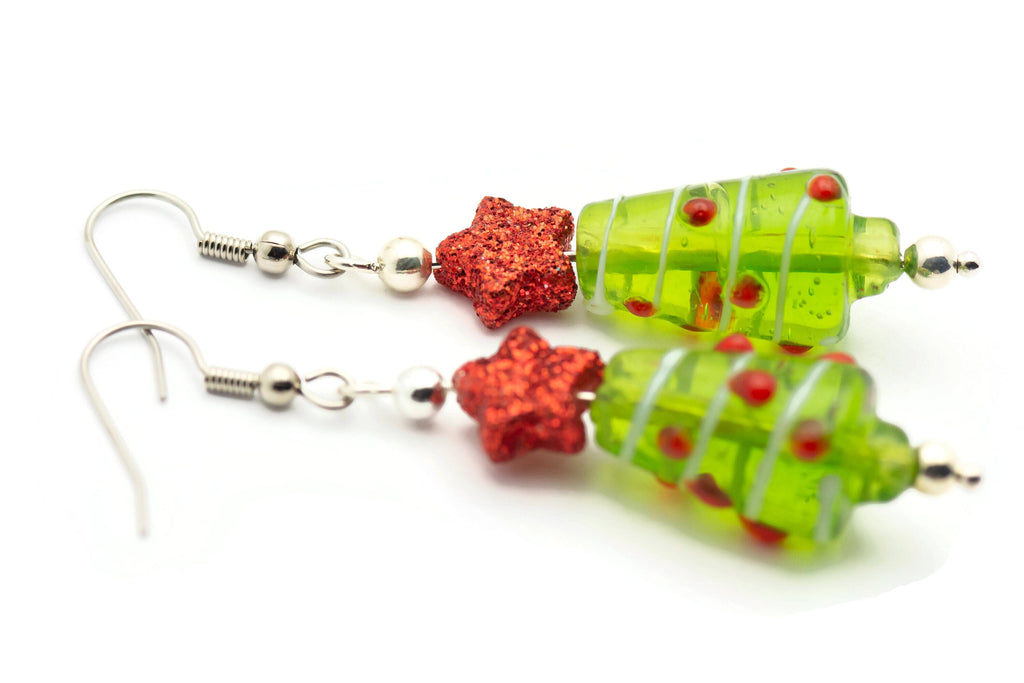 Red Star, Christmas Tree, Glass Earrings, Surgical Steel, Holiday Earrings, Christmas Earrings, Glitter Star