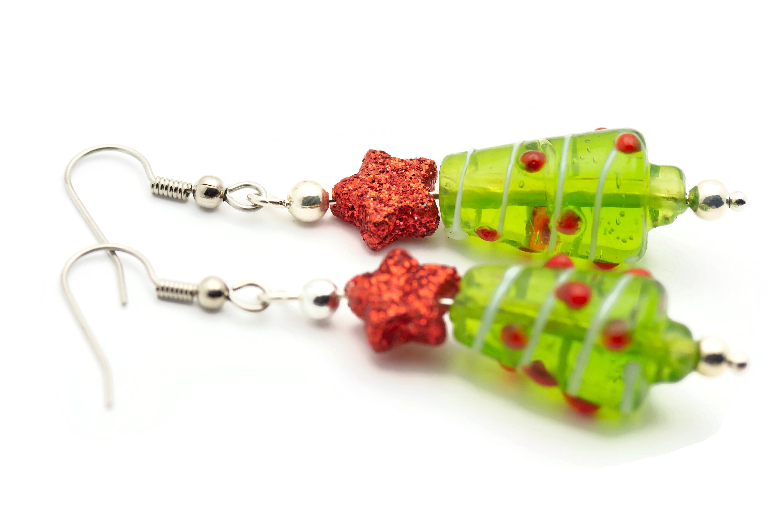 Red Star, Christmas Tree, Glass Earrings, Surgical Steel, Holiday Earrings, Christmas Earrings, Glitter Star