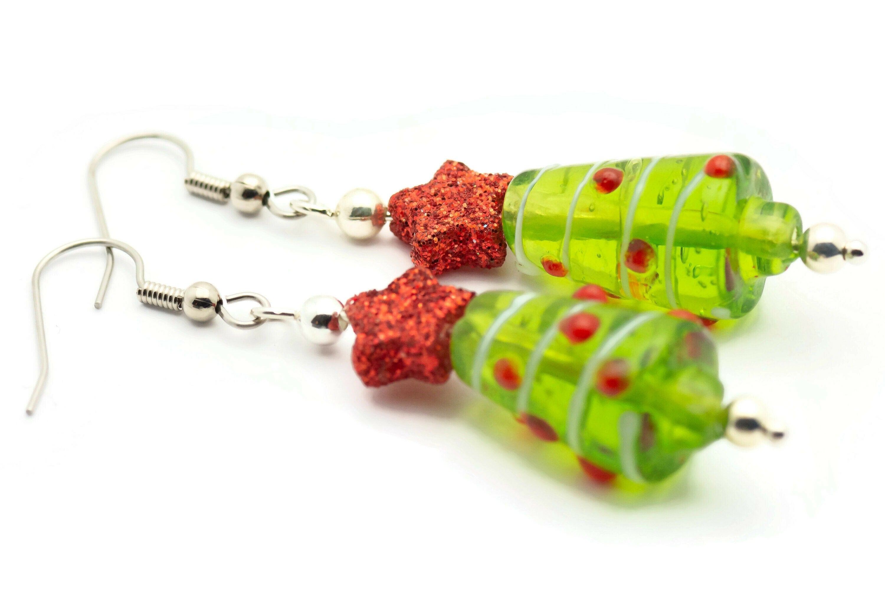 Red Star, Christmas Tree, Glass Earrings, Surgical Steel, Holiday Earrings, Christmas Earrings, Glitter Star