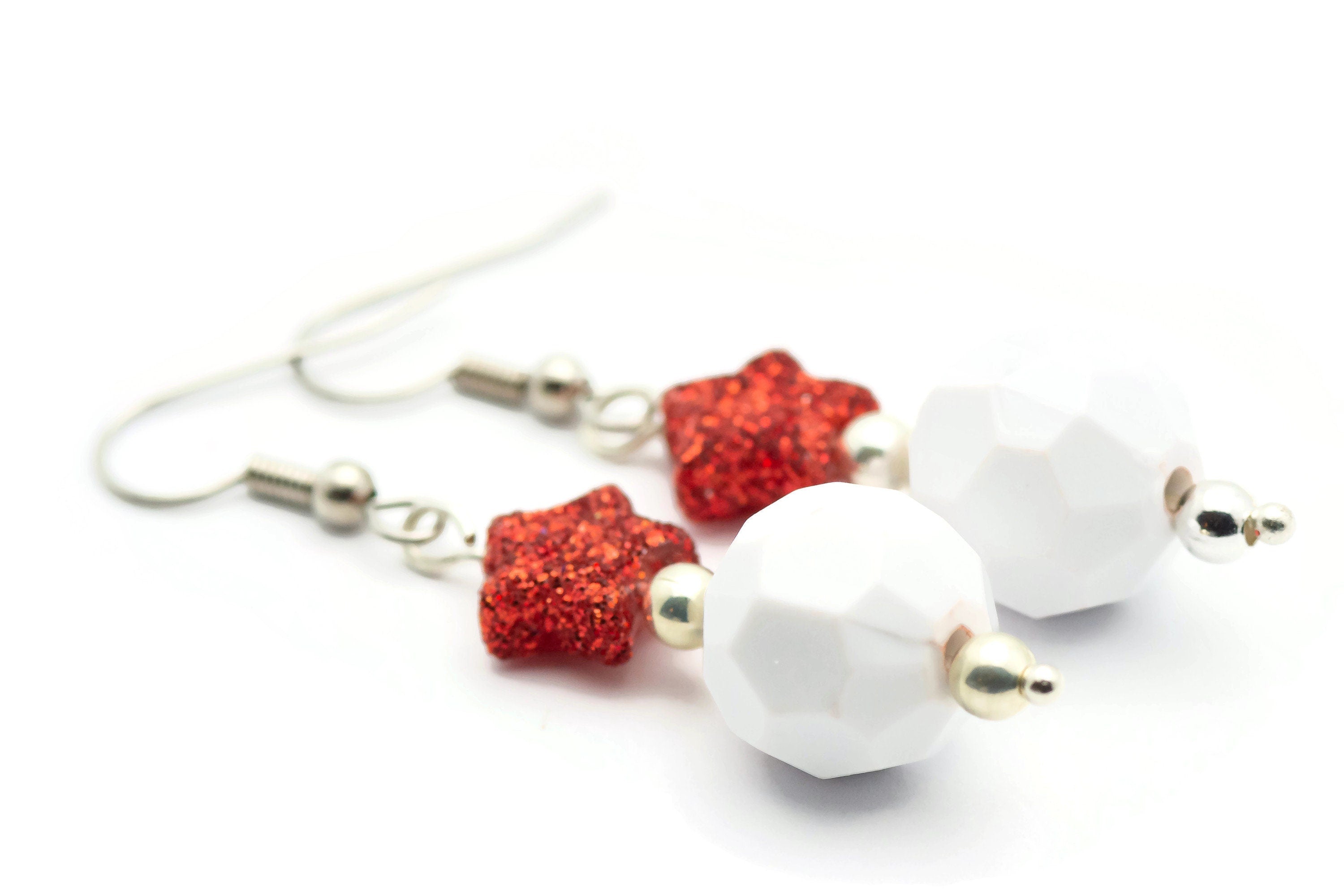 Red Star, White Snowball, Glass Earrings, Surgical Steel, Holiday Earrings, Christmas Earrings, Glitter Star, Snowball Fight