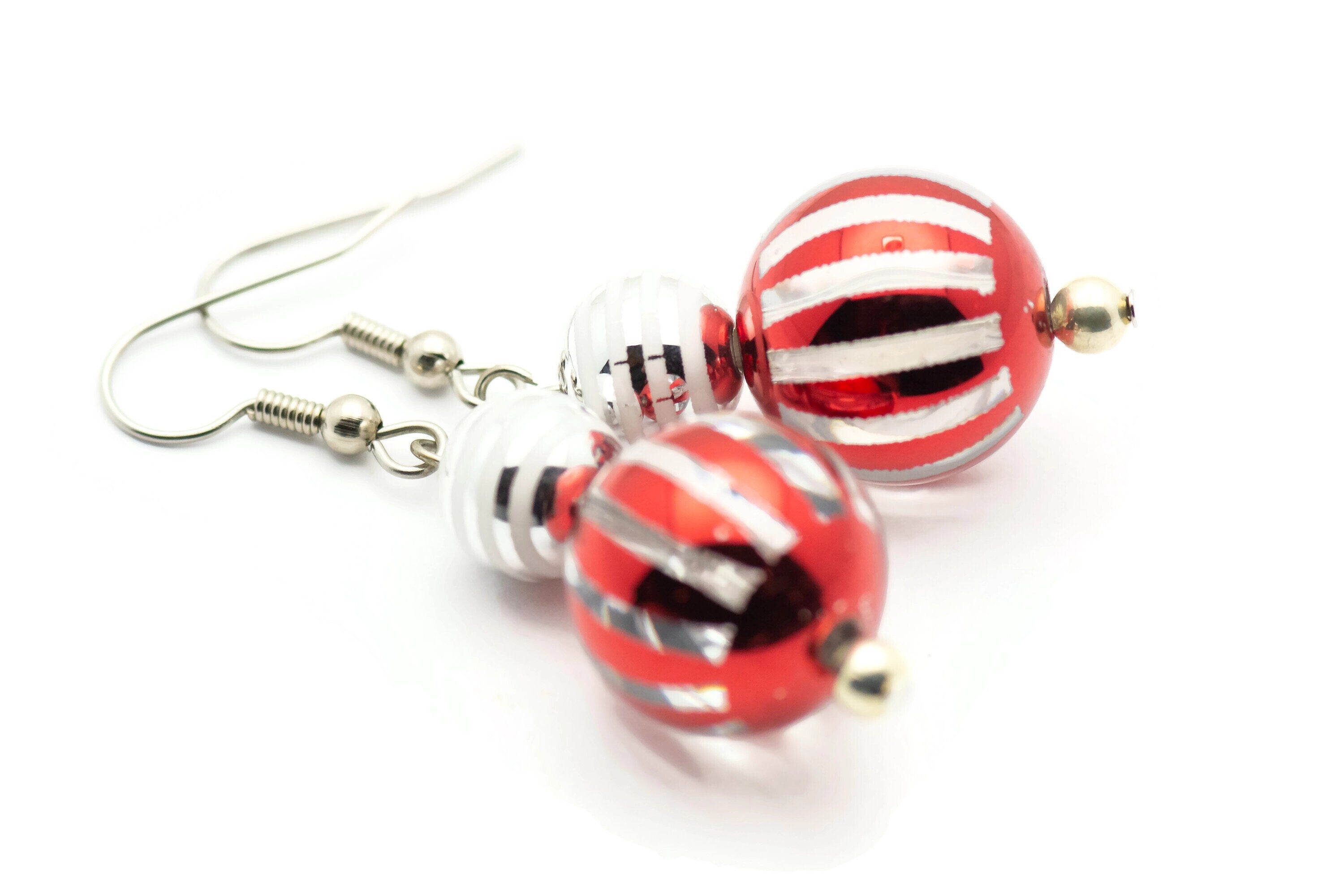 Striped Ornament, Red and Silver, Christmas Ornament, Glass Globe, Surgical Steel, Holiday Earrings, Christmas Earrings