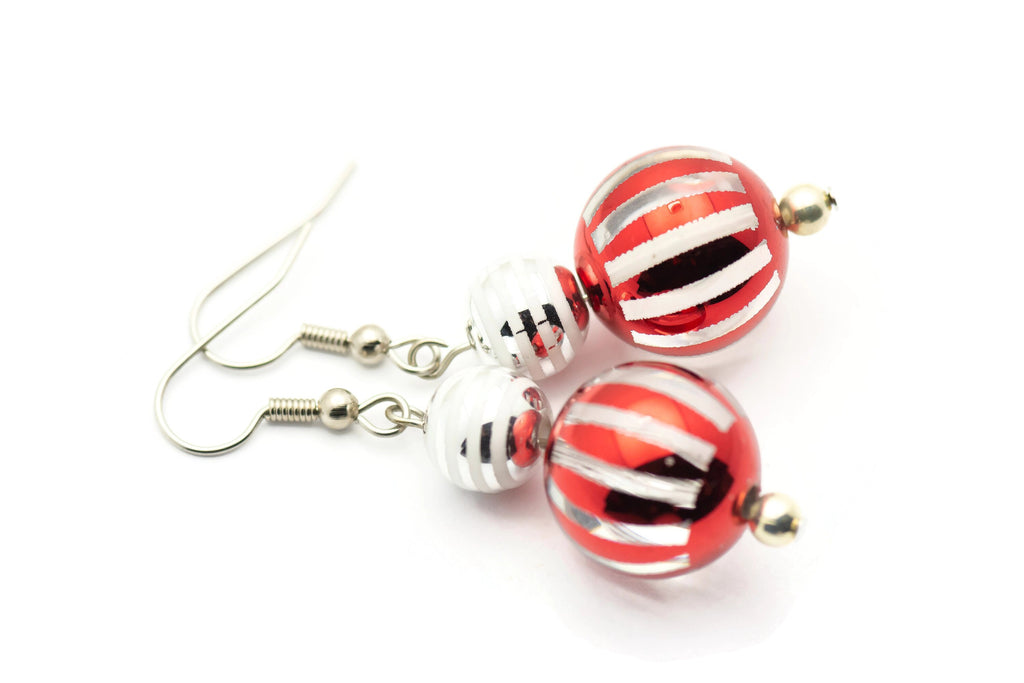 Striped Ornament, Red and Silver, Christmas Ornament, Glass Globe, Surgical Steel, Holiday Earrings, Christmas Earrings