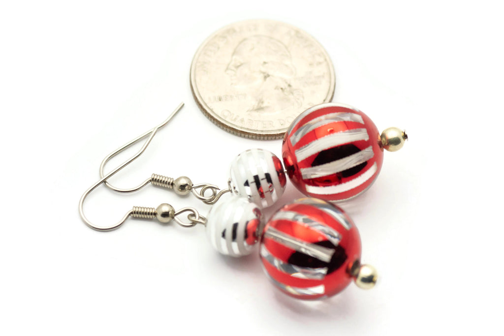 Striped Ornament, Red and Silver, Christmas Ornament, Glass Globe, Surgical Steel, Holiday Earrings, Christmas Earrings