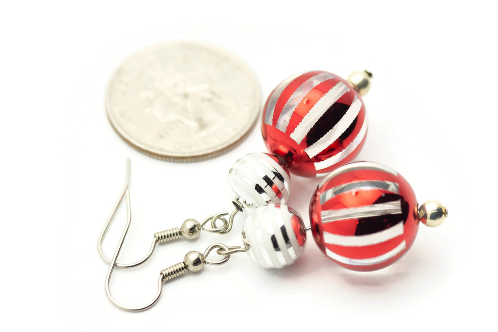 Striped Ornament, Red and Silver, Christmas Ornament, Glass Globe, Surgical Steel, Holiday Earrings, Christmas Earrings