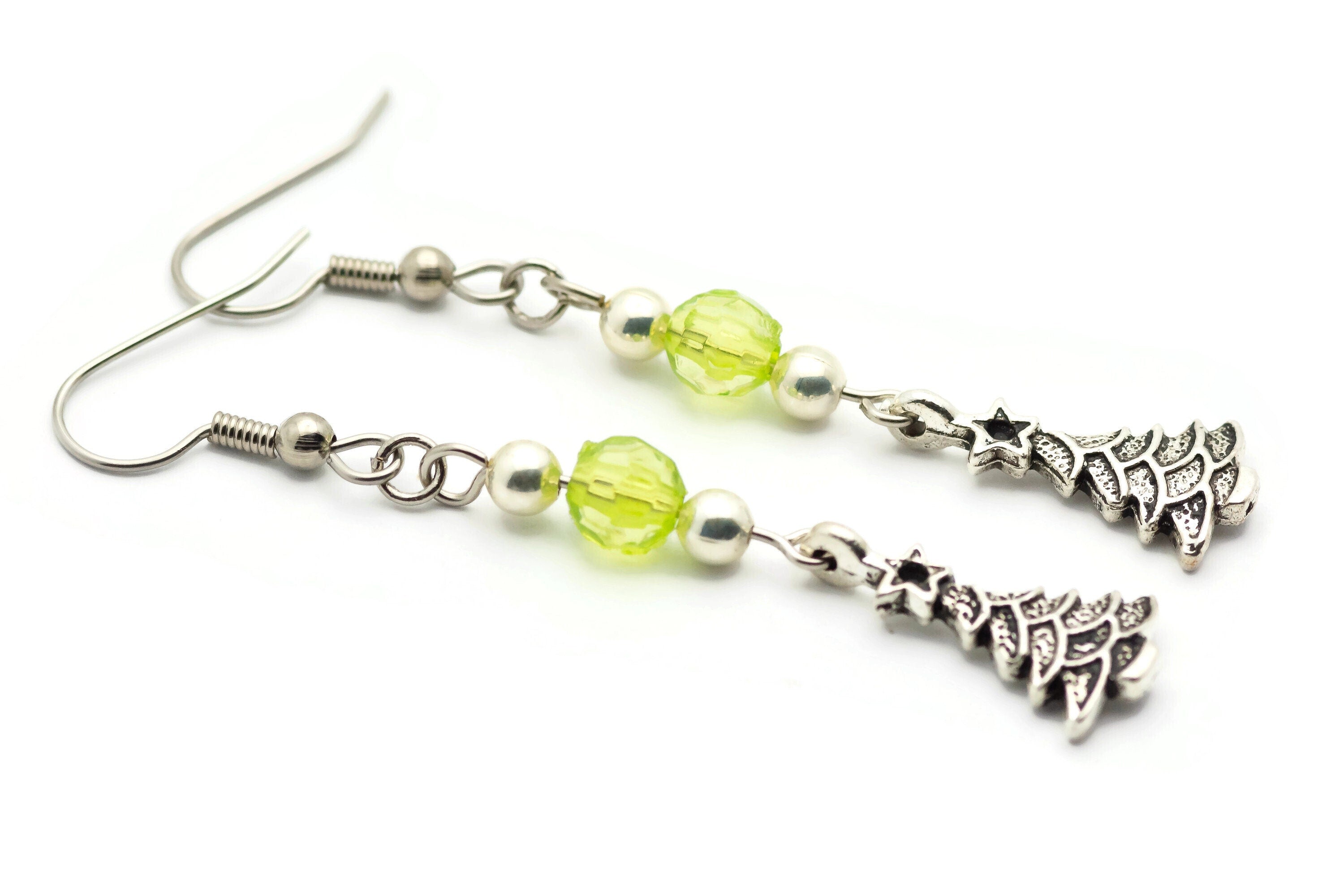 Christmas Tree Charm, Holiday Earrings, Surgical Steel, Christmas Earrings, Long Earrings, Minimalist Jewelry