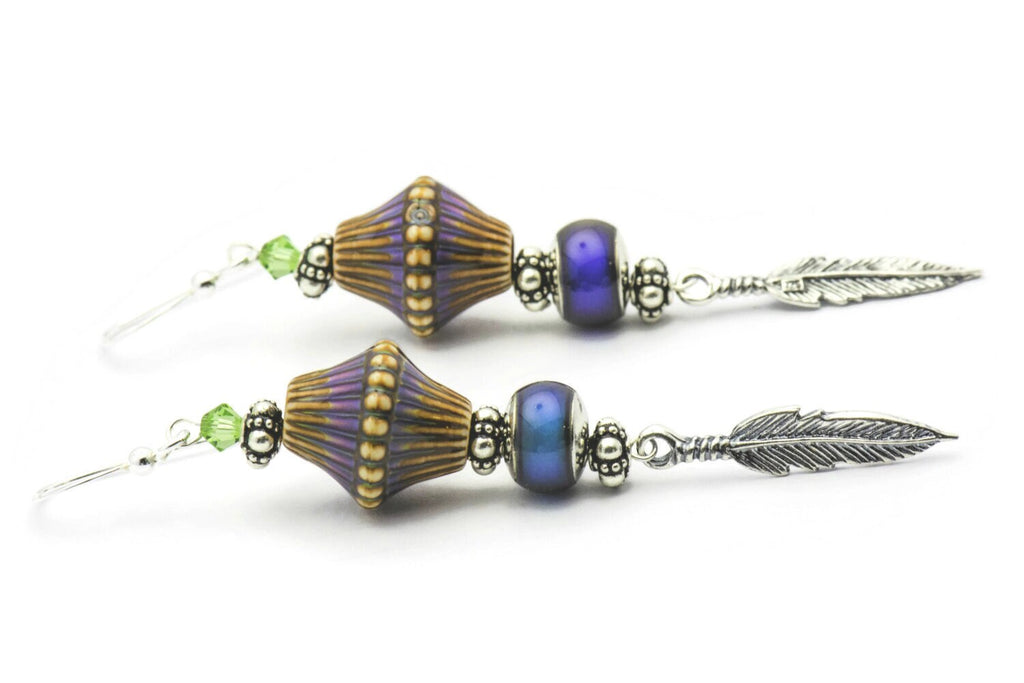 Silver Feather Earrings, Mood Bead, Feather Earrings, Sterling
