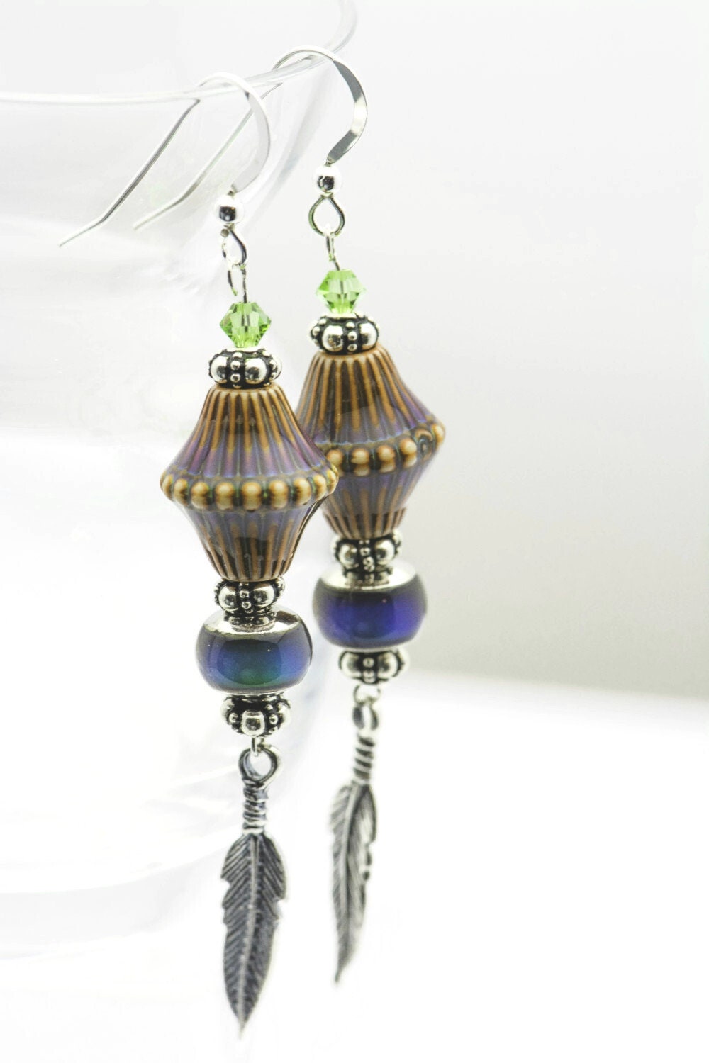 Silver Feather Earrings, Mood Bead, Feather Earrings, Sterling