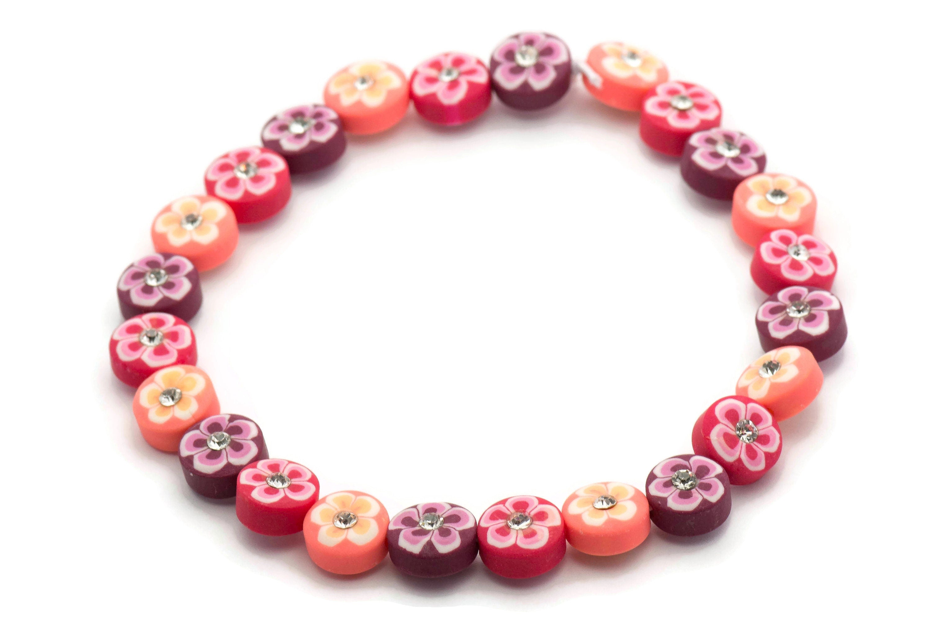 Pink Floral Polymer Clay Beaded Stretch Anklet • Rhinestone Sparkle Beach Jewelry