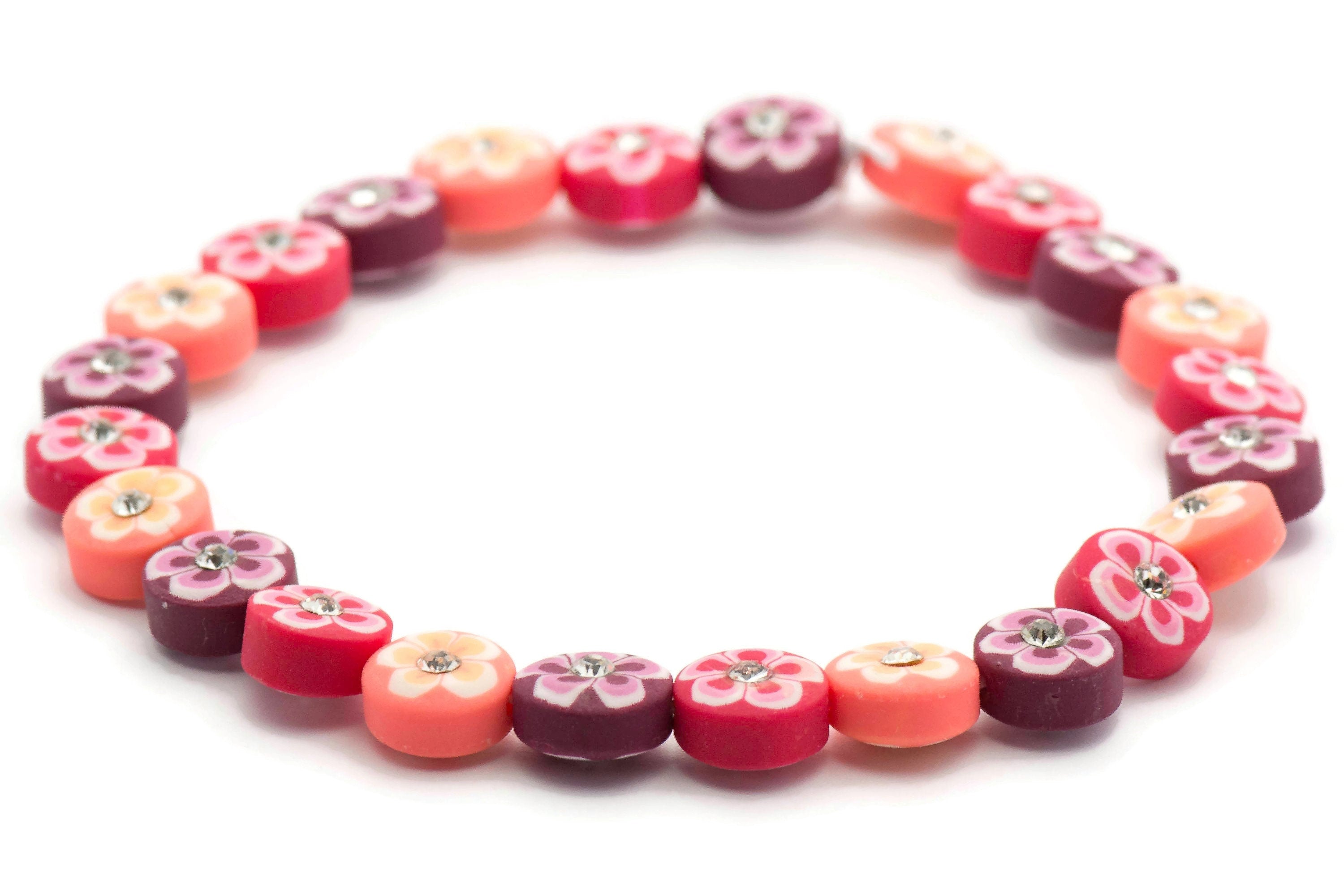 Pink Floral Polymer Clay Beaded Stretch Anklet • Rhinestone Sparkle Beach Jewelry
