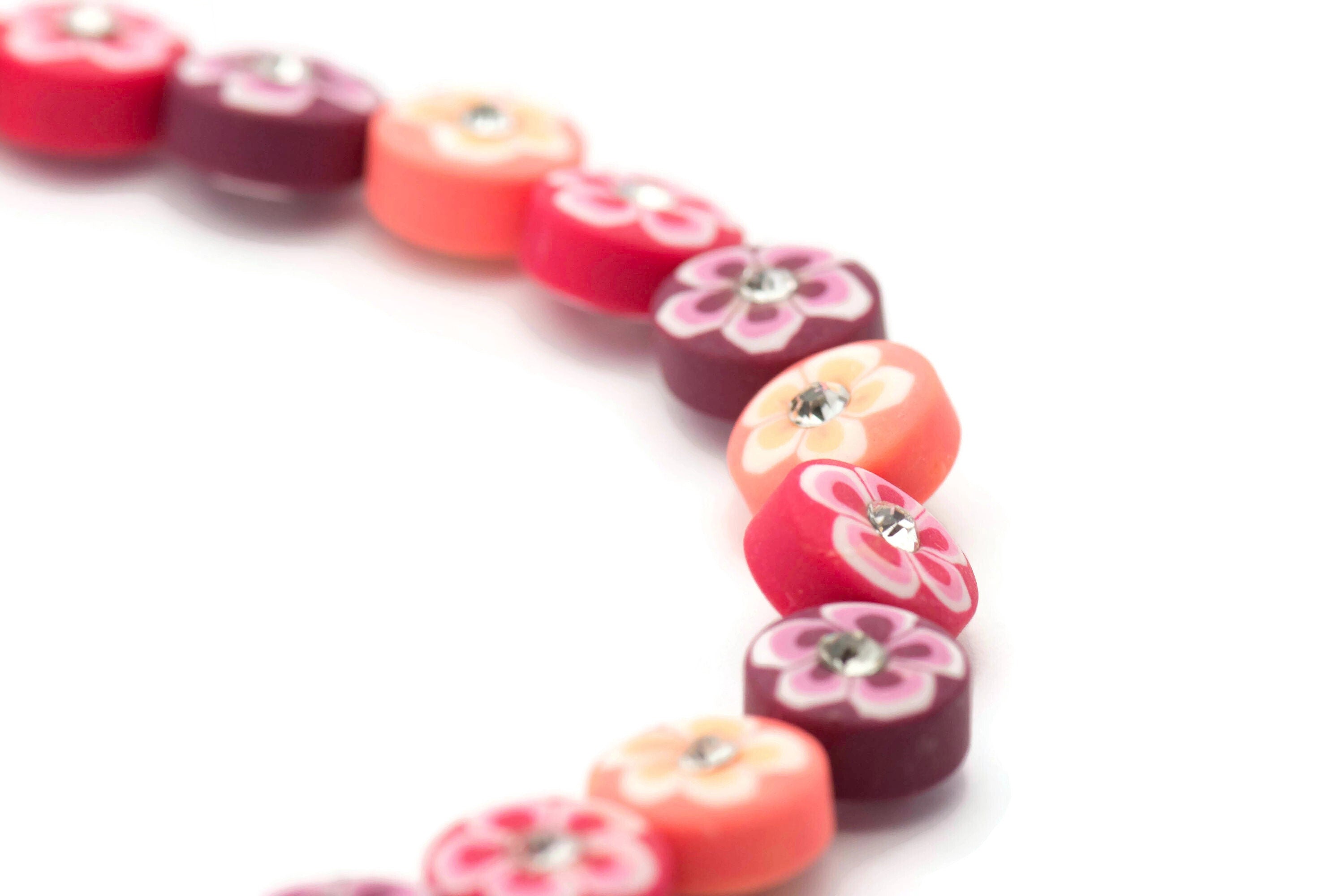 Pink Floral Polymer Clay Beaded Stretch Anklet • Rhinestone Sparkle Beach Jewelry