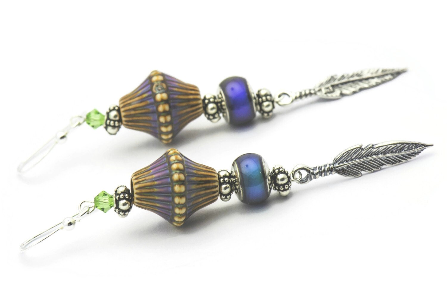 Silver Feather Earrings, Mood Bead, Feather Earrings, Sterling