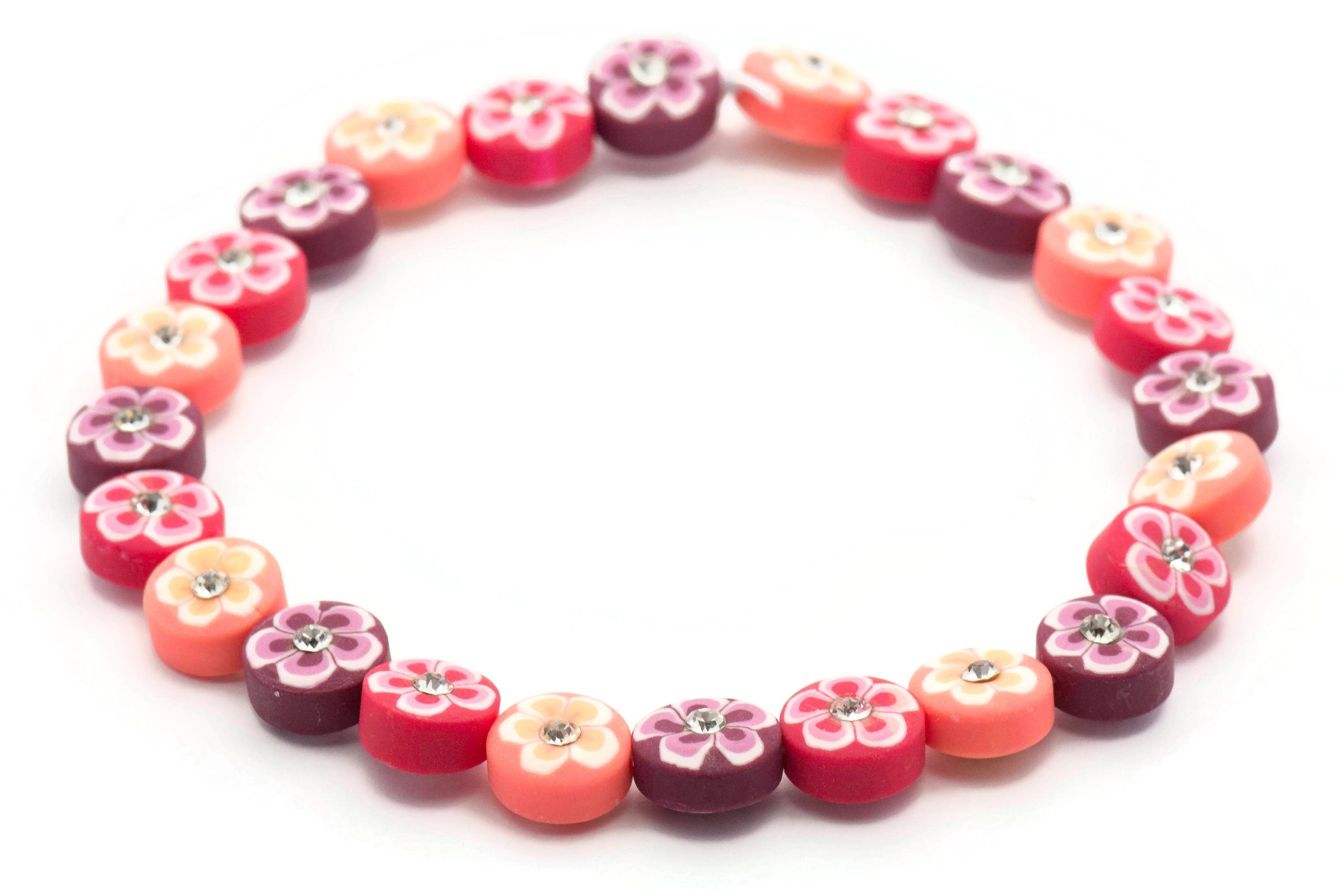 Pink Floral Polymer Clay Beaded Stretch Anklet • Rhinestone Sparkle Beach Jewelry