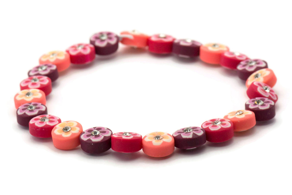 Pink Floral Polymer Clay Beaded Stretch Anklet • Rhinestone Sparkle Beach Jewelry