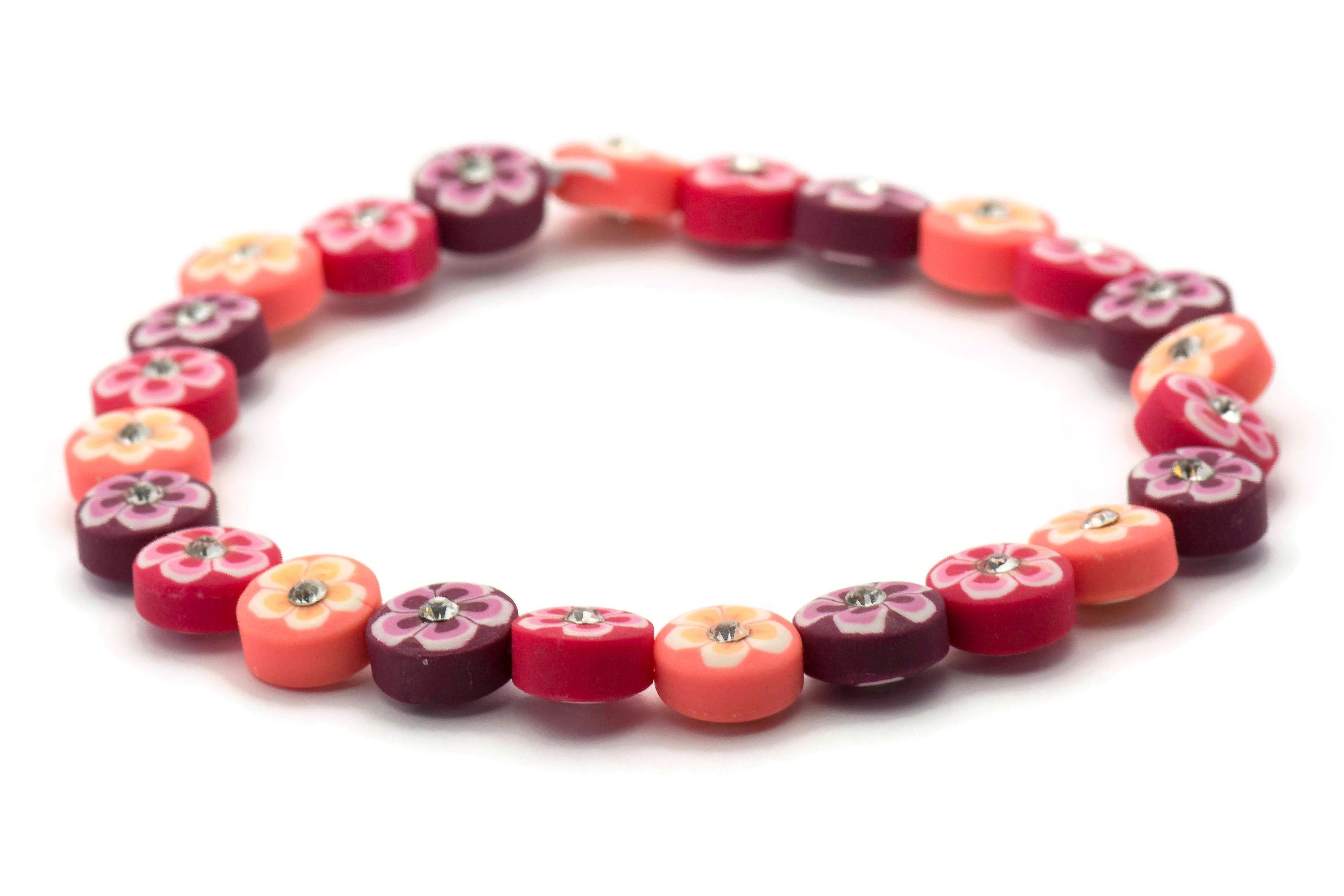 Pink Floral Polymer Clay Beaded Stretch Anklet • Rhinestone Sparkle Beach Jewelry
