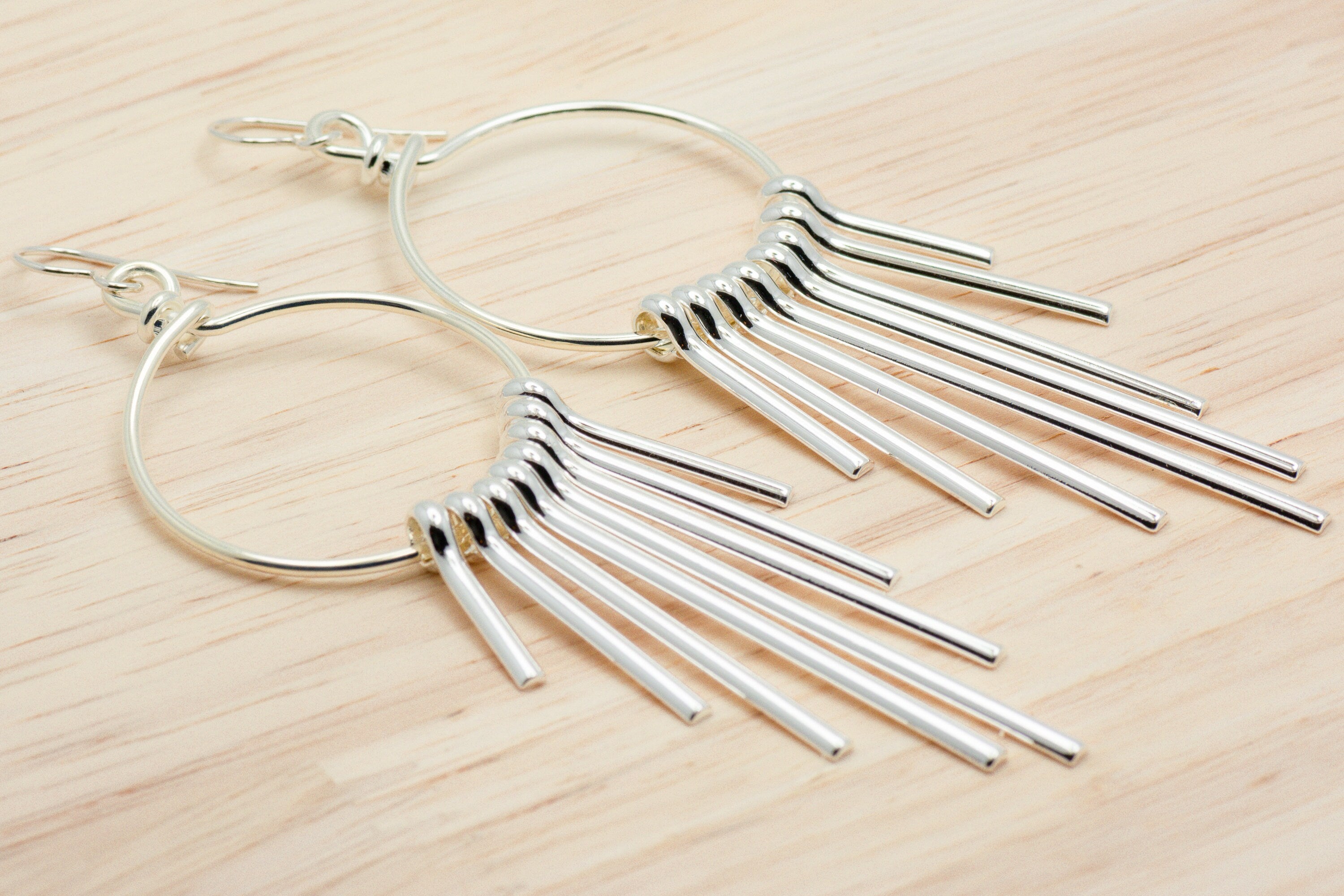 Funky Silver Hoop Fringe Earrings • Boho Statement Jewelry • Handmade Jewelry Gift • Fun Earrings for Women