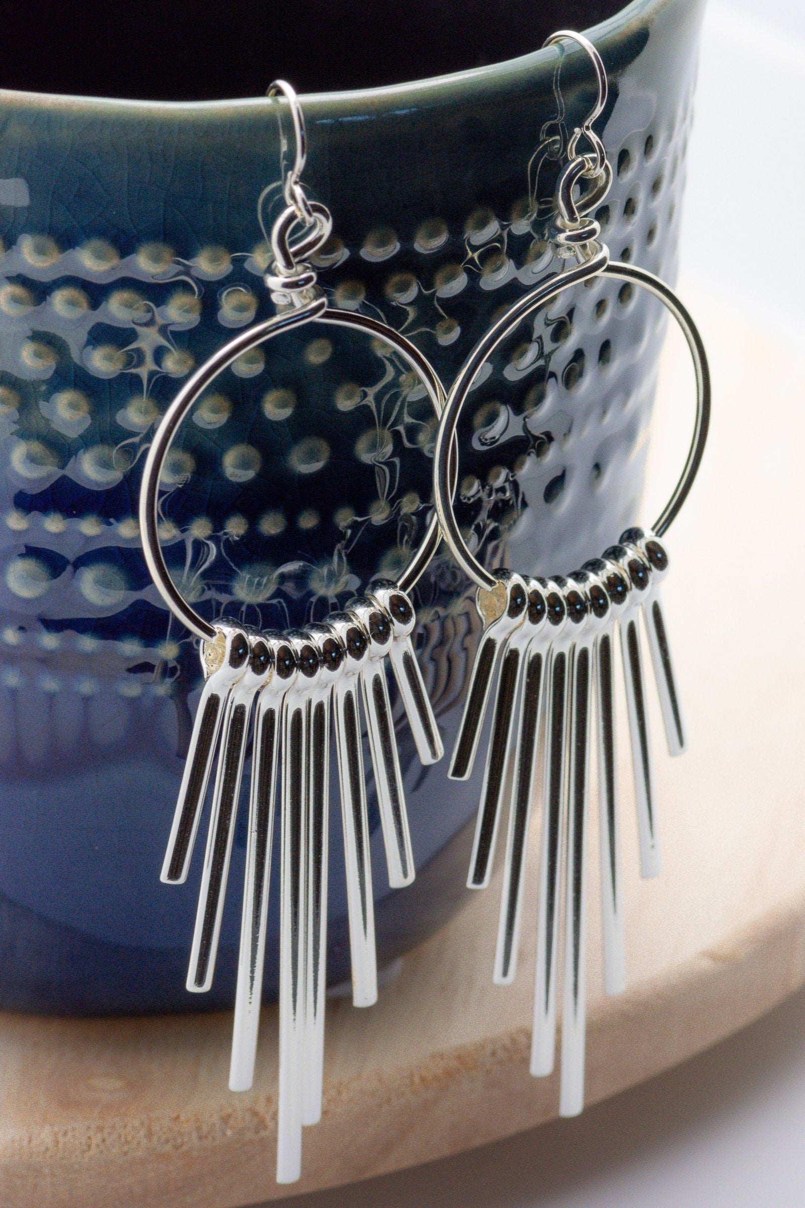Funky Silver Hoop Fringe Earrings • Boho Statement Jewelry • Handmade Jewelry Gift • Fun Earrings for Women