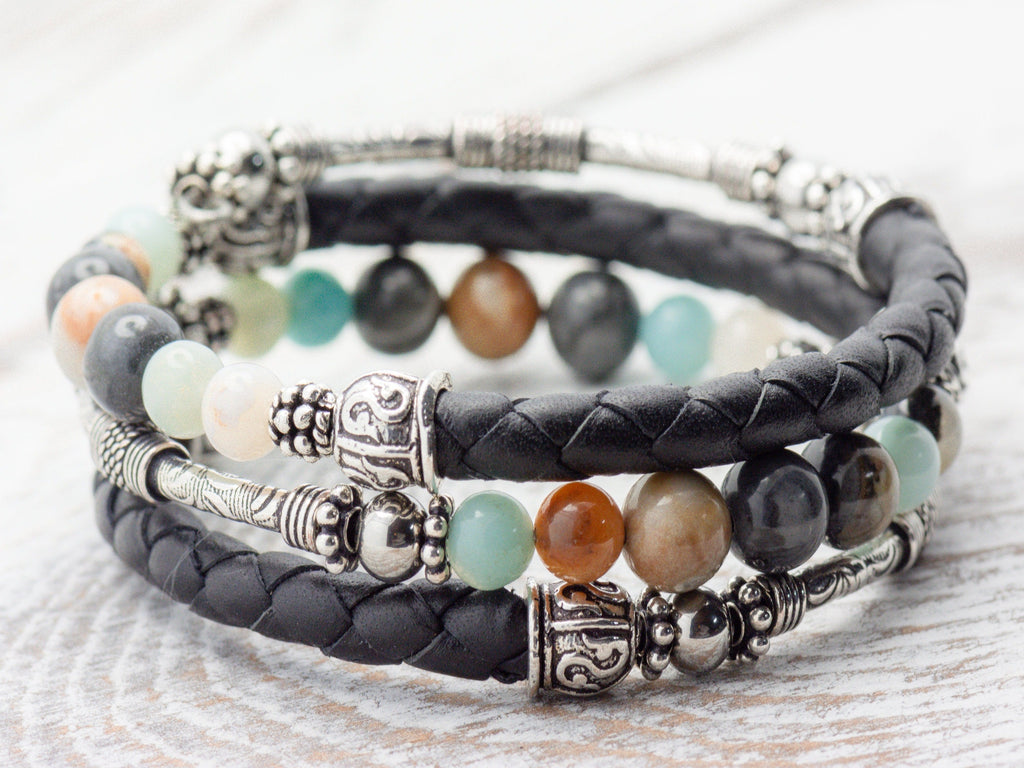 Gemstone Leather Wrap Bracelet, Memory Wire Bracelet, Bohemian Jewelry, Wrap Around