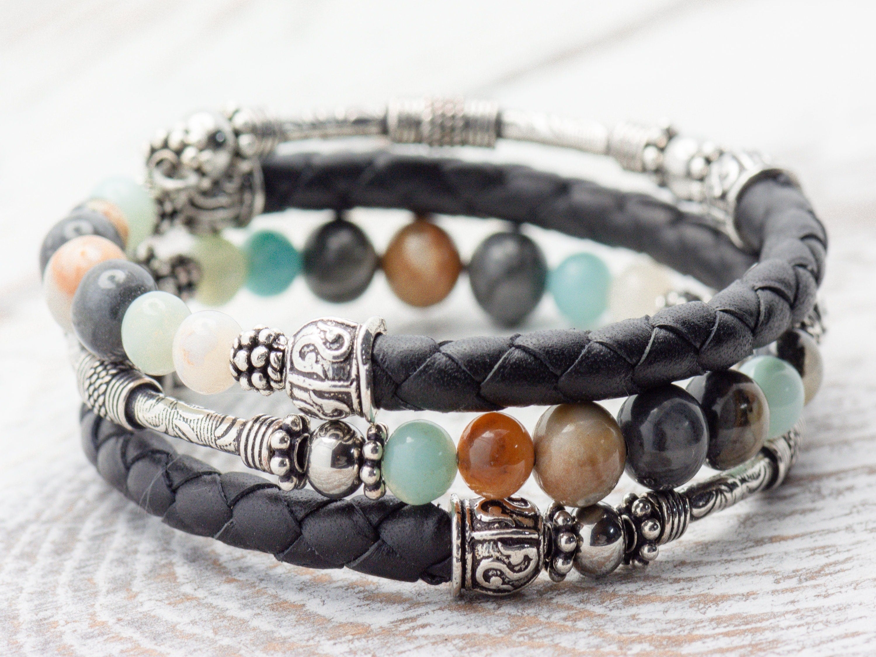 Gemstone Leather Wrap Bracelet, Memory Wire Bracelet, Bohemian Jewelry, Wrap Around