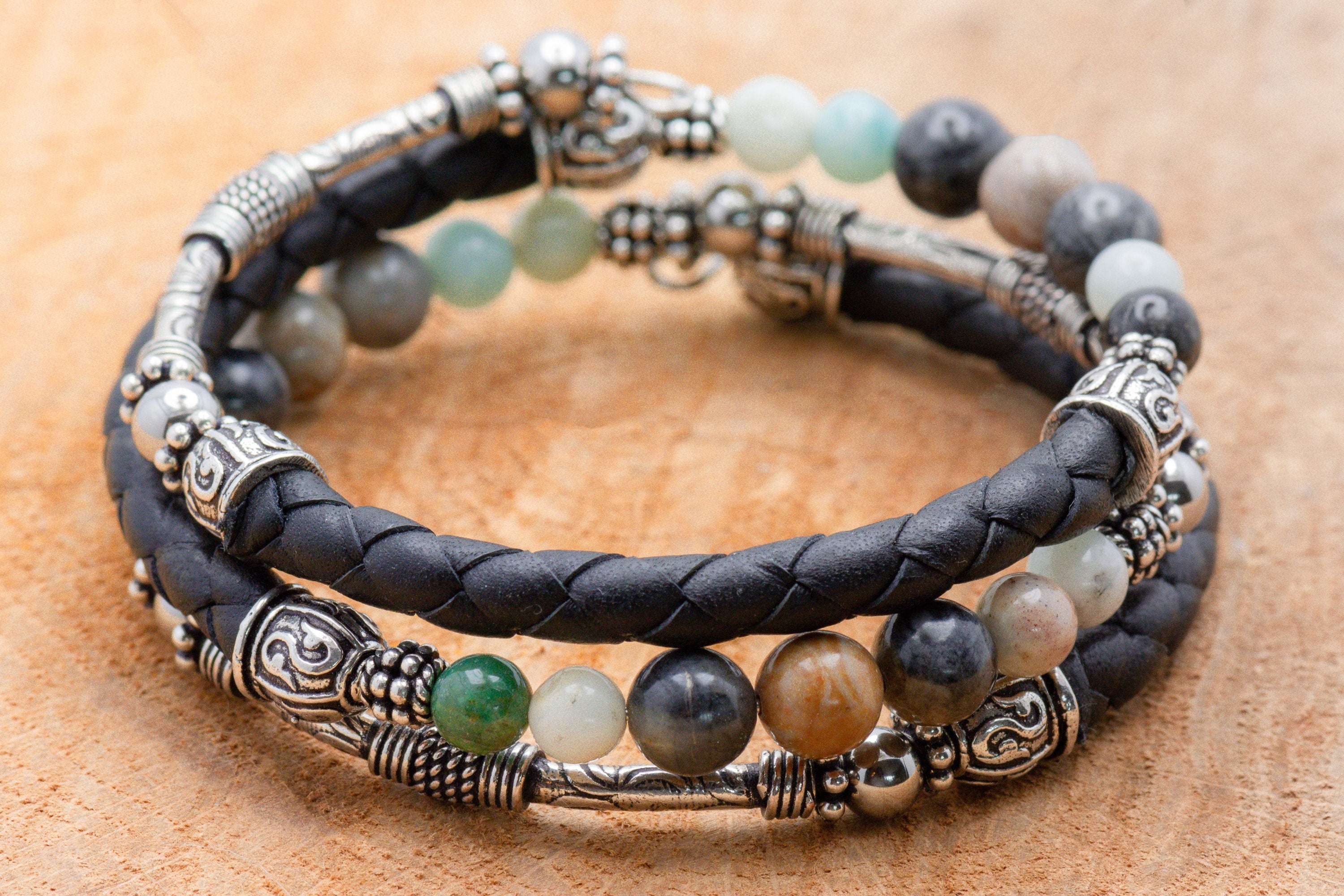 Gemstone Leather Wrap Bracelet, Memory Wire Bracelet, Bohemian Jewelry, Wrap Around