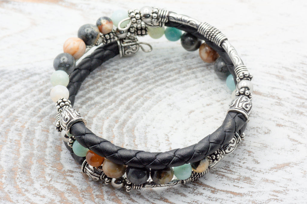 Gemstone Leather Wrap Bracelet, Memory Wire Bracelet, Bohemian Jewelry, Wrap Around