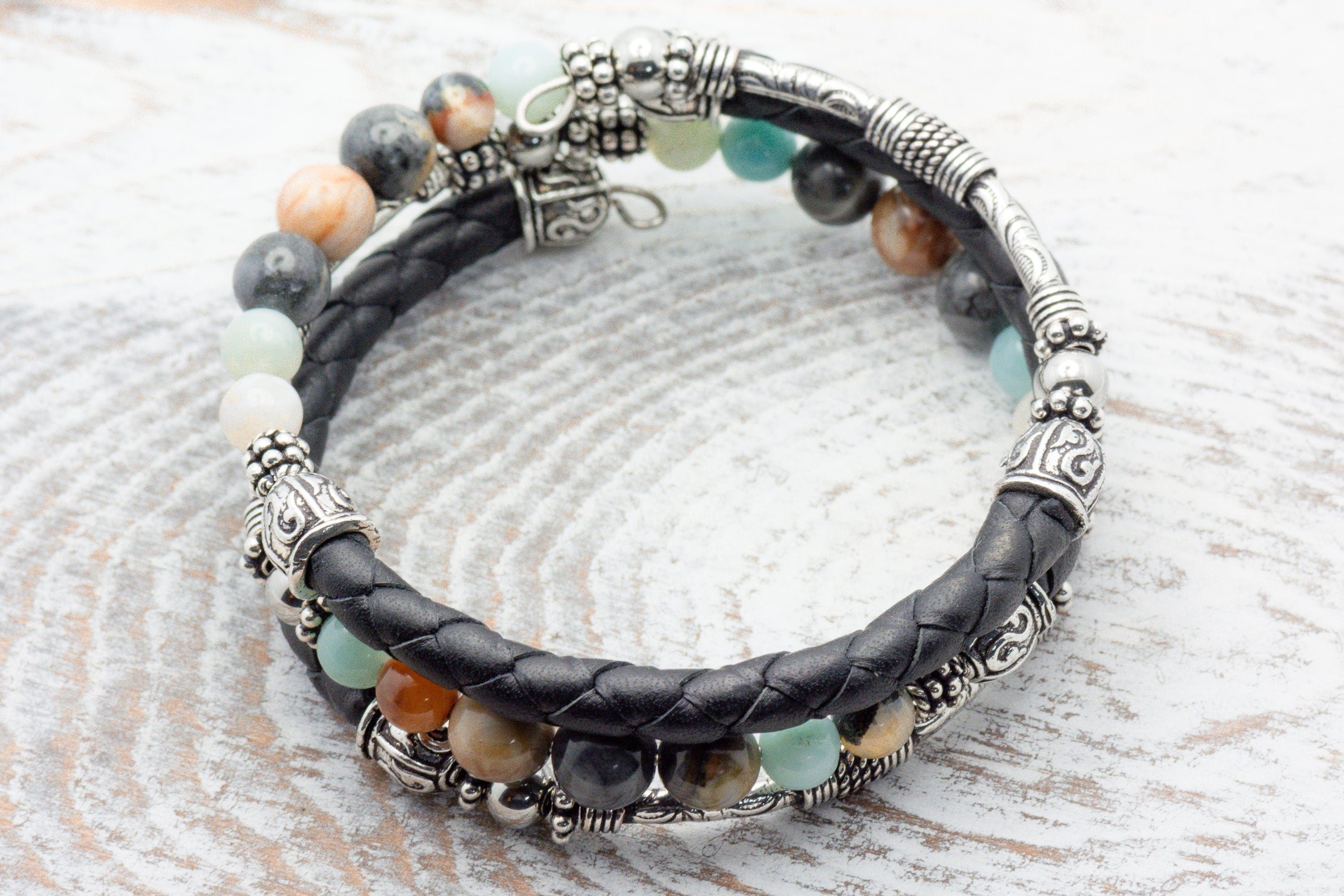 Gemstone Leather Wrap Bracelet, Memory Wire Bracelet, Bohemian Jewelry, Wrap Around