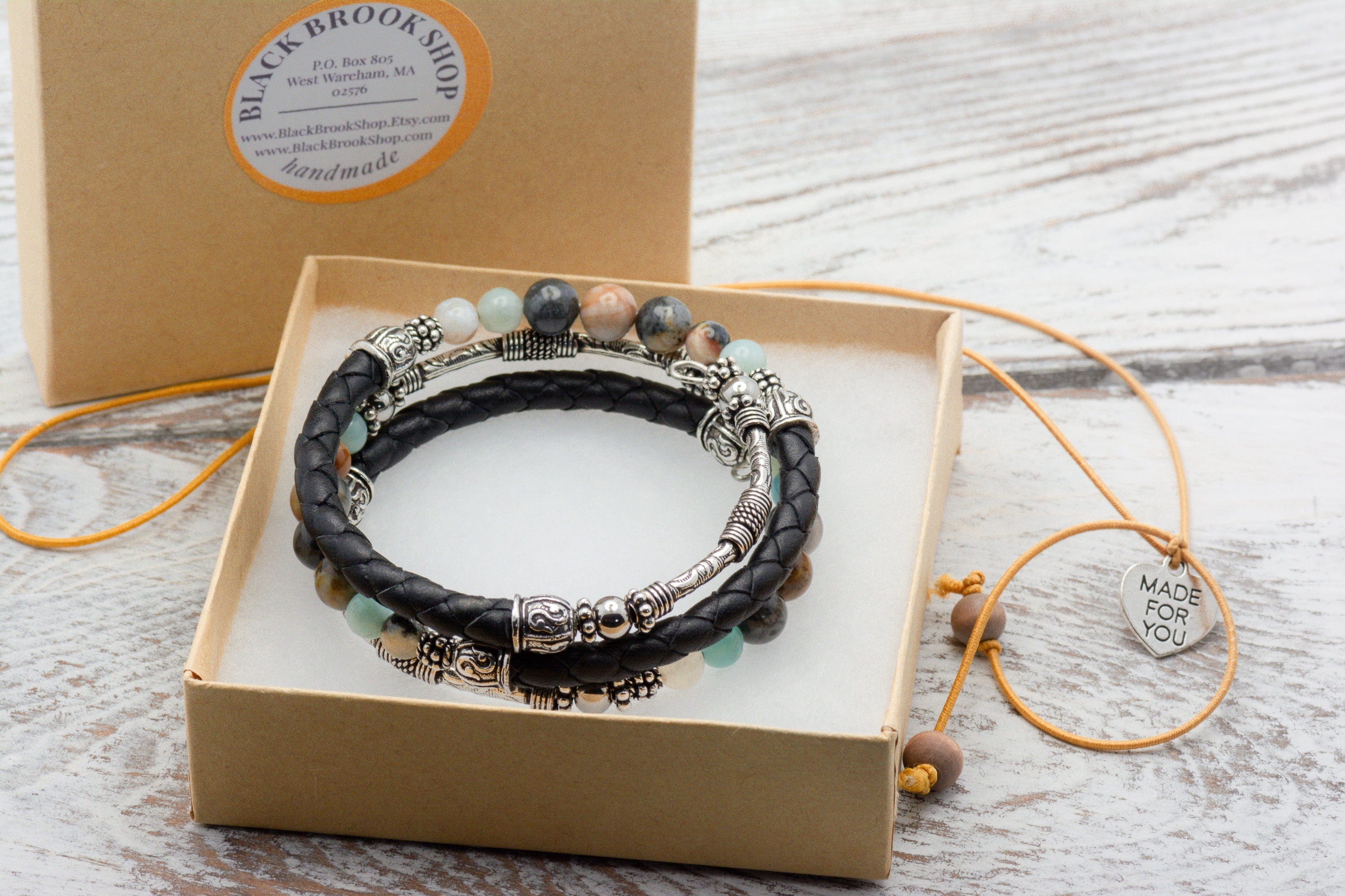 Gemstone Leather Wrap Bracelet, Memory Wire Bracelet, Bohemian Jewelry, Wrap Around