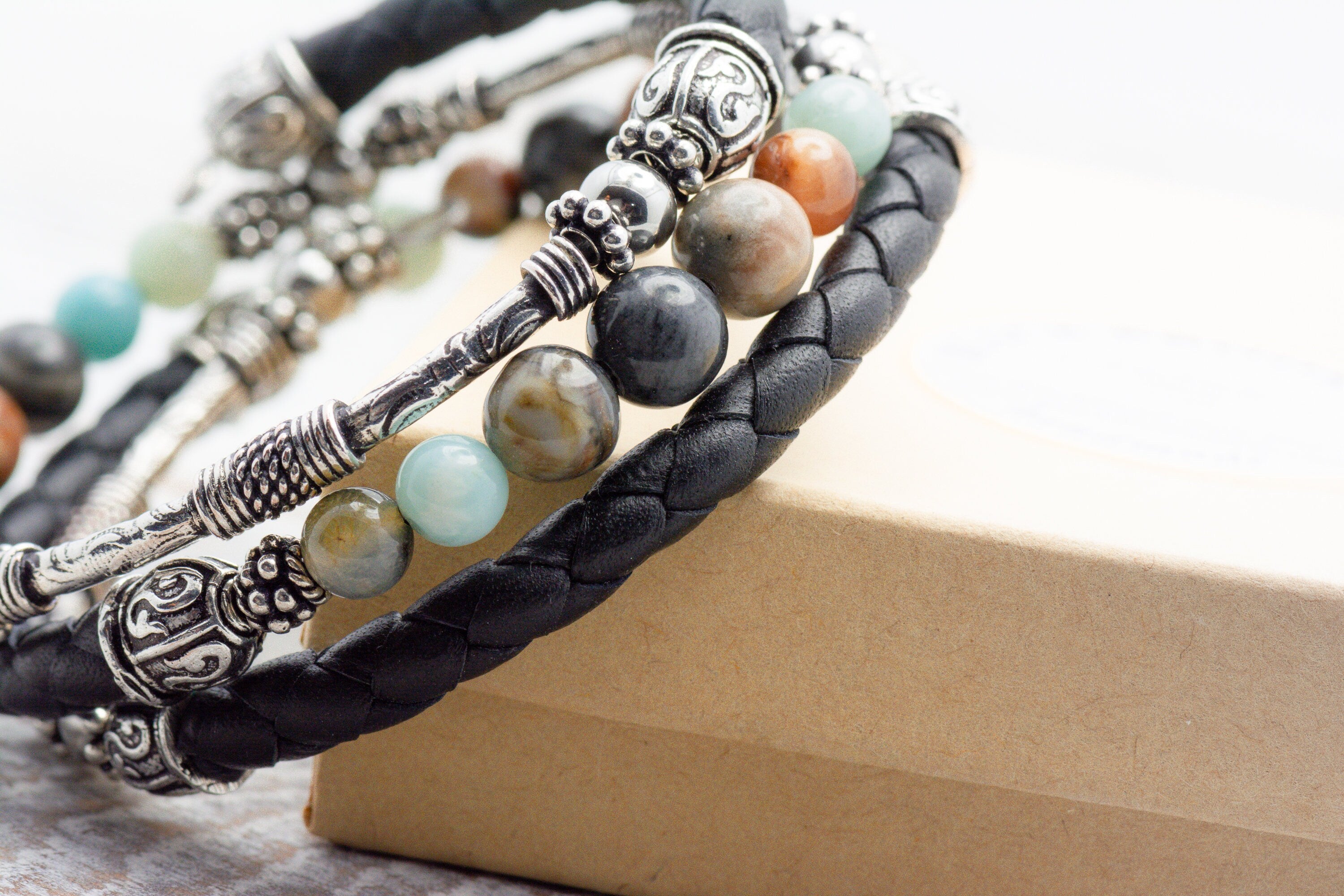 Gemstone Leather Wrap Bracelet, Memory Wire Bracelet, Bohemian Jewelry, Wrap Around