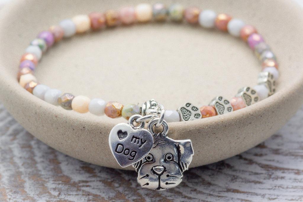 I Love My Dog Charm Stretch Bracelet, Dog Lover Gift, Pet Jewelry, Paw Print