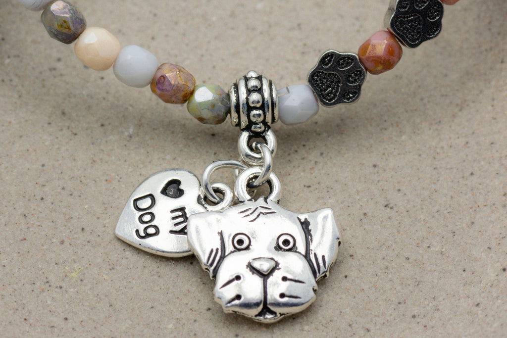 I Love My Dog Charm Stretch Bracelet, Dog Lover Gift, Pet Jewelry, Paw Print