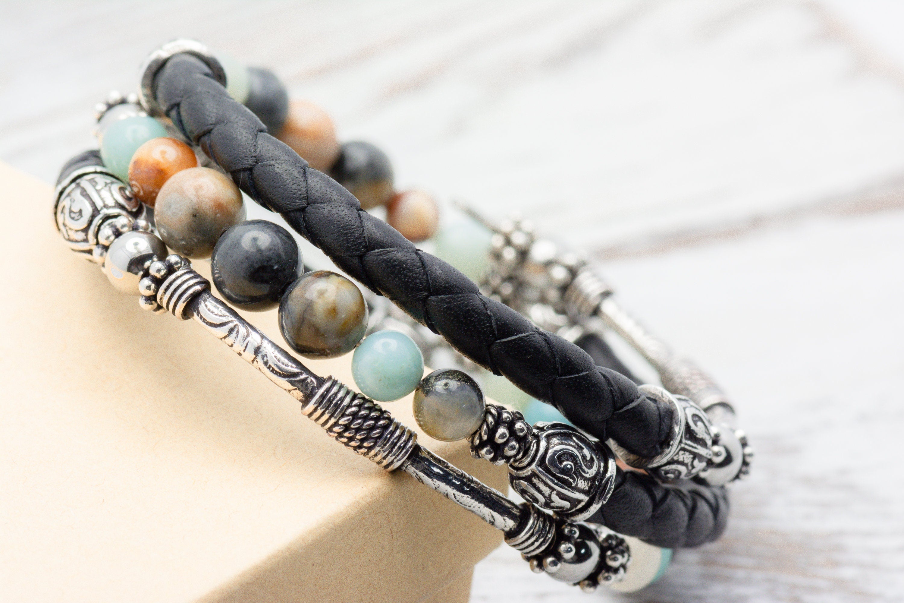 Gemstone Leather Wrap Bracelet, Memory Wire Bracelet, Bohemian Jewelry, Wrap Around