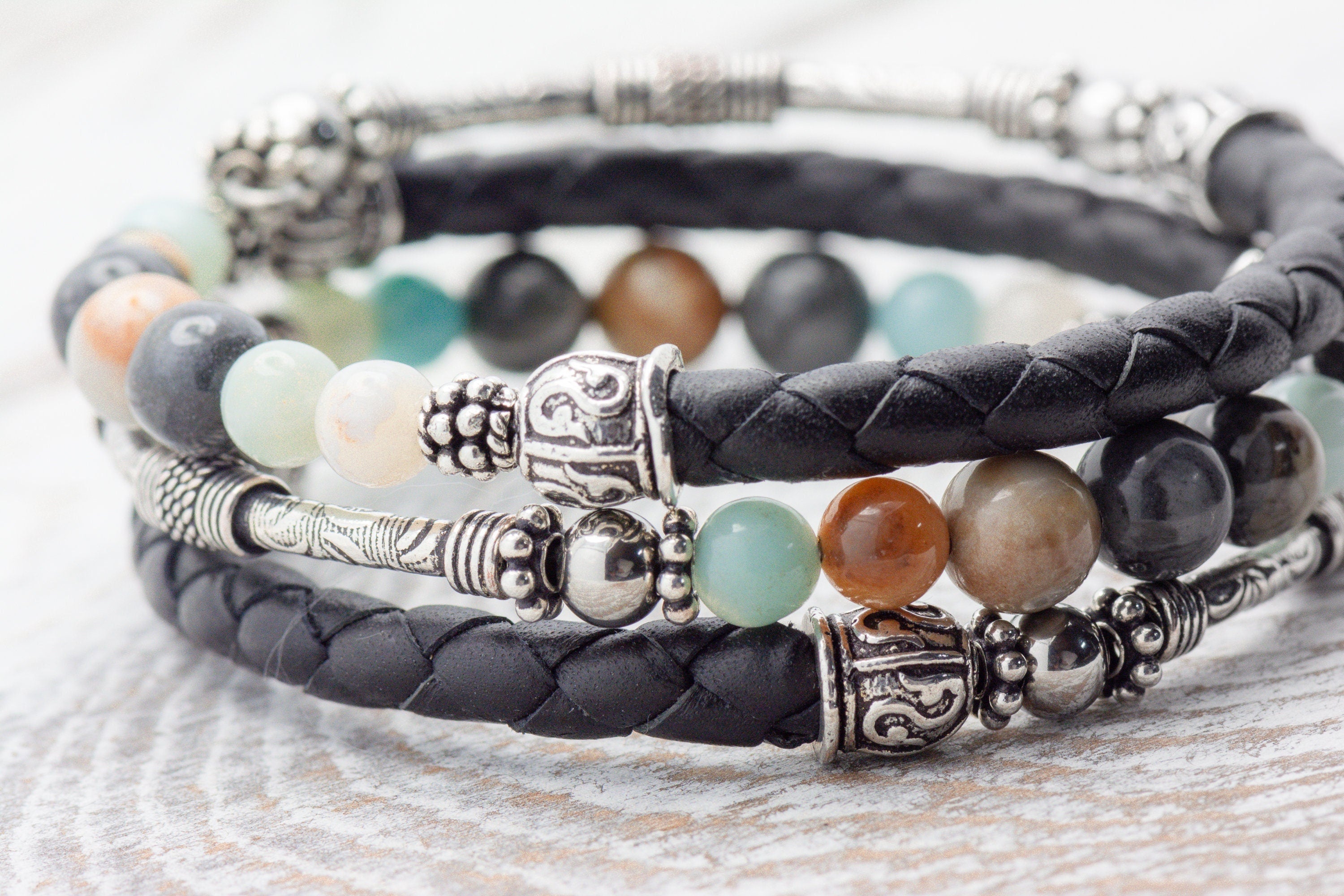 Gemstone Leather Wrap Bracelet, Memory Wire Bracelet, Bohemian Jewelry, Wrap Around