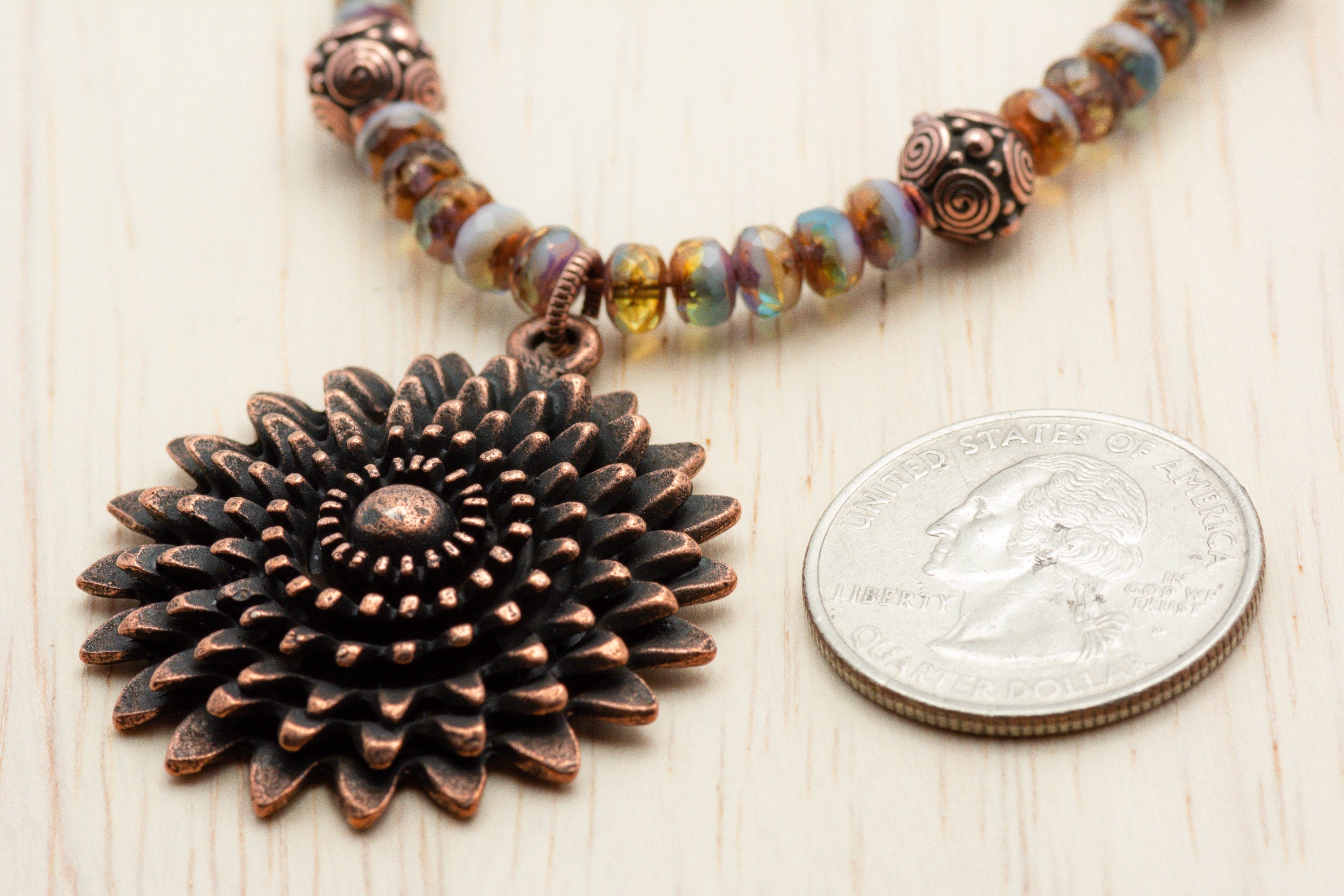 Aqua Bronze, Daisy Necklace, Flower Pendant, Copper Chain, Toggle Clasp Necklace, Handmade Beaded Jewelry