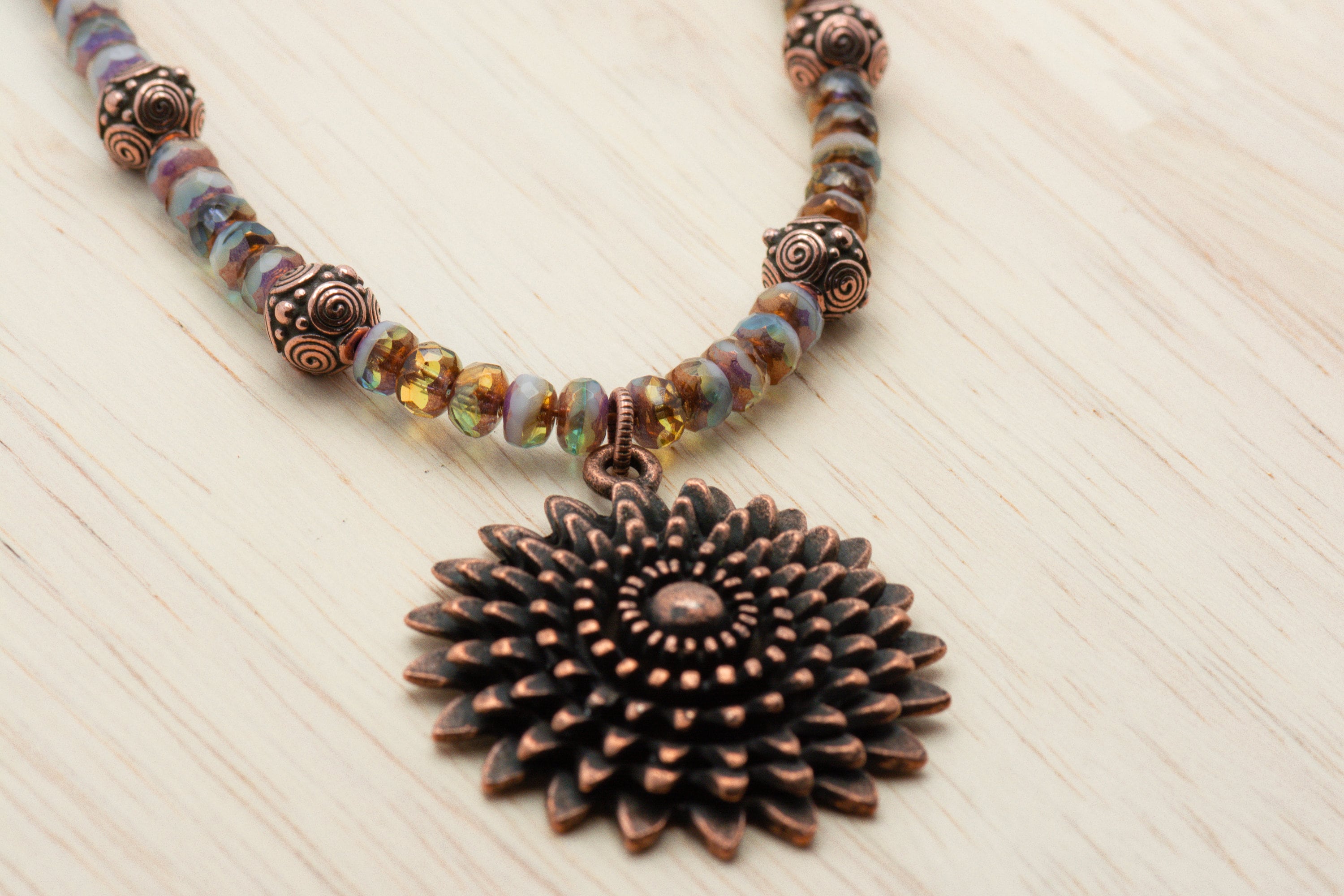 Aqua Bronze, Daisy Necklace, Flower Pendant, Copper Chain, Toggle Clasp Necklace, Handmade Beaded Jewelry
