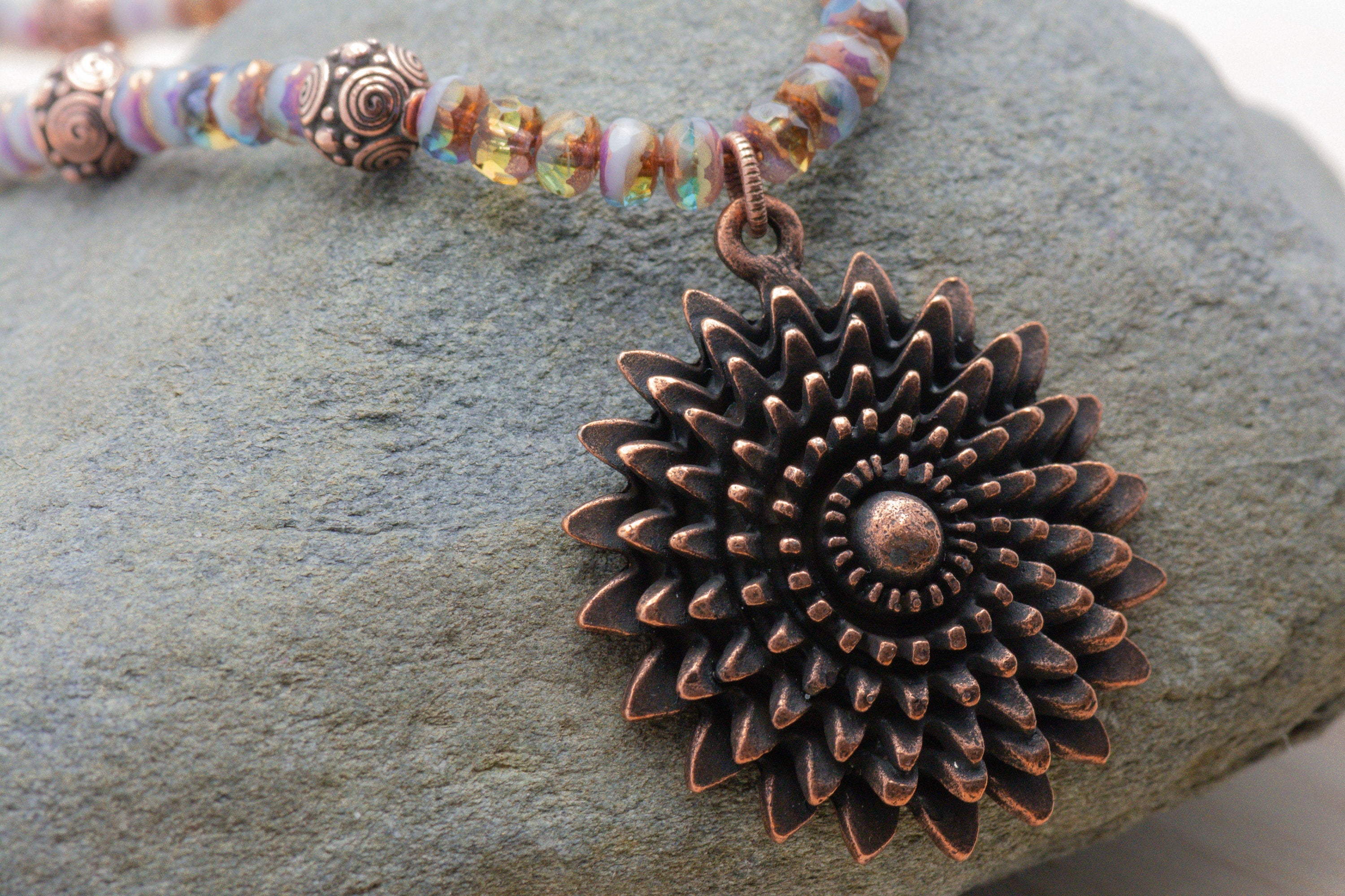 Aqua Bronze, Daisy Necklace, Flower Pendant, Copper Chain, Toggle Clasp Necklace, Handmade Beaded Jewelry