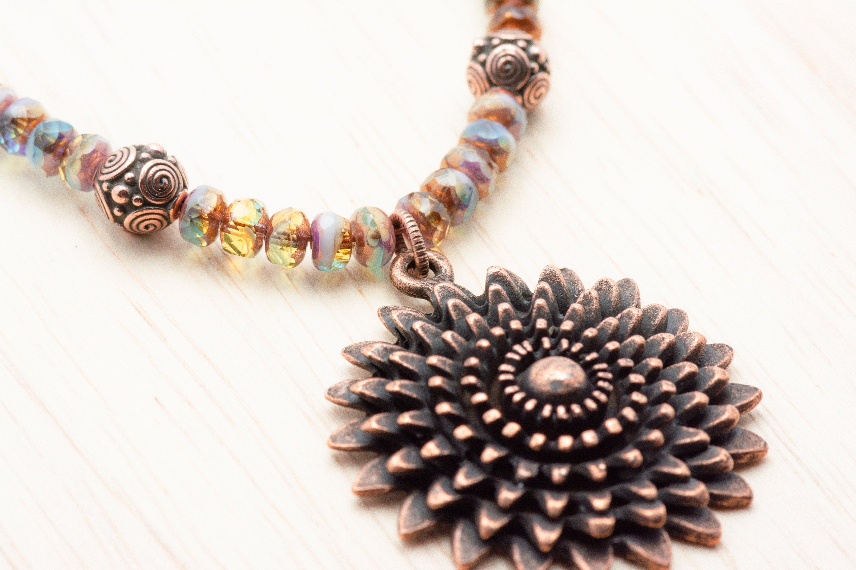 Aqua Bronze, Daisy Necklace, Flower Pendant, Copper Chain, Toggle Clasp Necklace, Handmade Beaded Jewelry