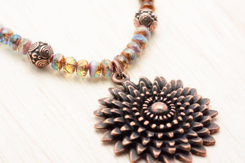 Aqua Bronze, Daisy Necklace, Flower Pendant, Copper Chain, Toggle Clasp Necklace, Handmade Beaded Jewelry