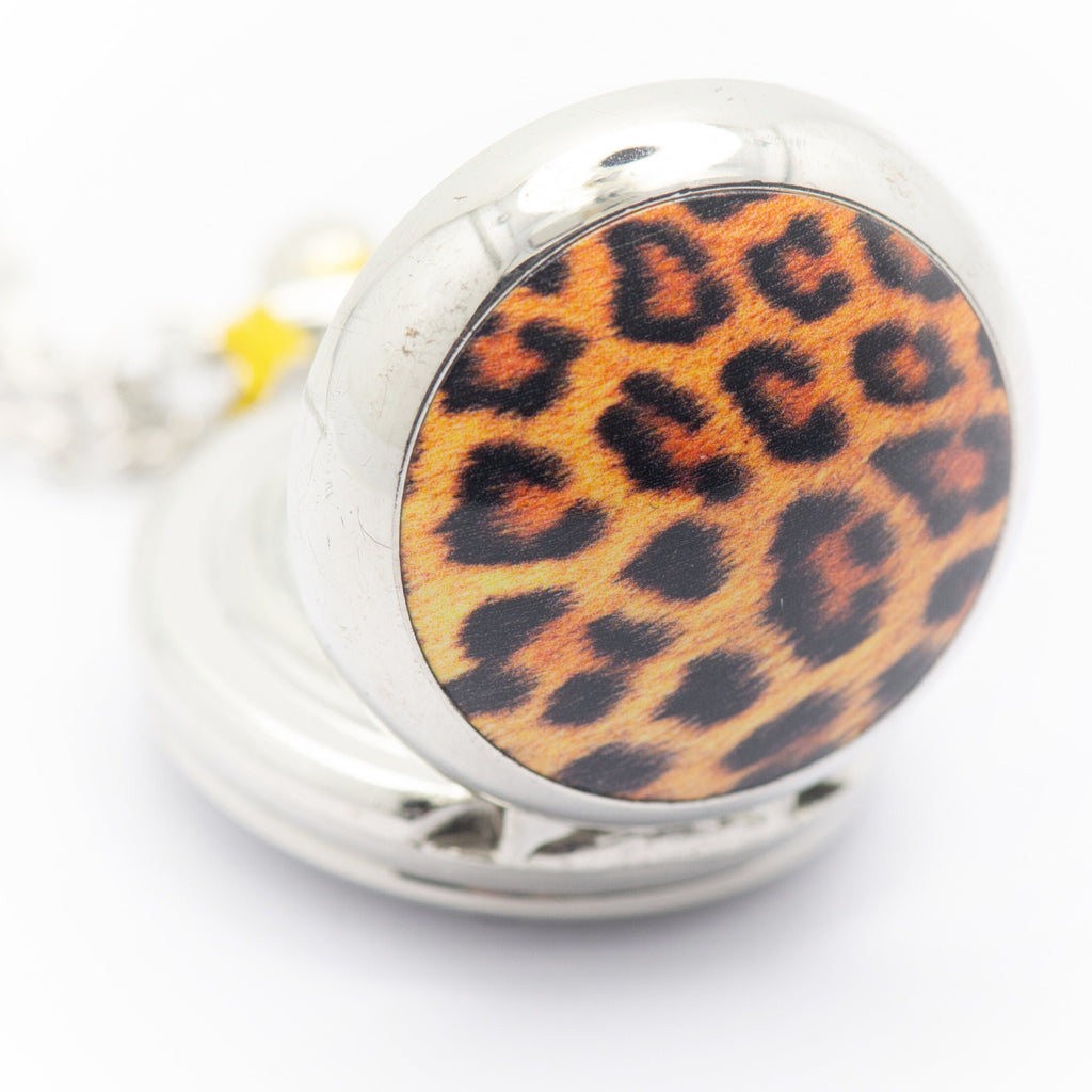Leopard Print Porcelain, Silvertone Pocket Watch Necklace, Chain Necklace Watch, Long Necklace Watch, Watch Locket Necklace