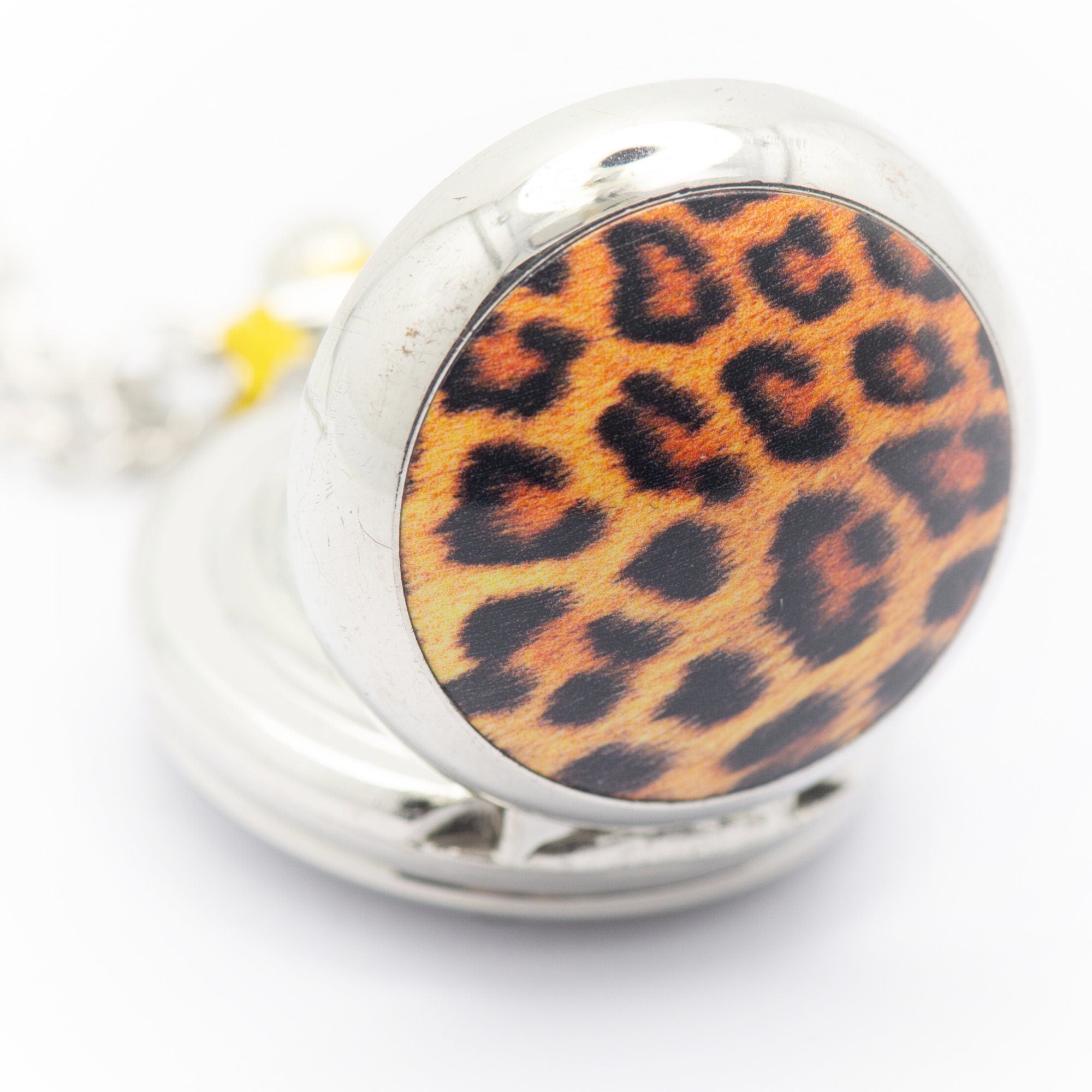 Leopard Print Porcelain, Silvertone Pocket Watch Necklace, Chain Necklace Watch, Long Necklace Watch, Watch Locket Necklace
