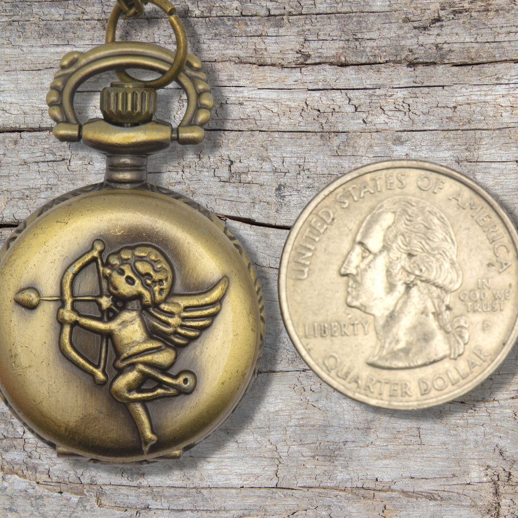 Cupid Pocket Watch Necklace | Valentine's Day Watch | Bronze | Bow and Arrow | Locket Watch | Long Chain