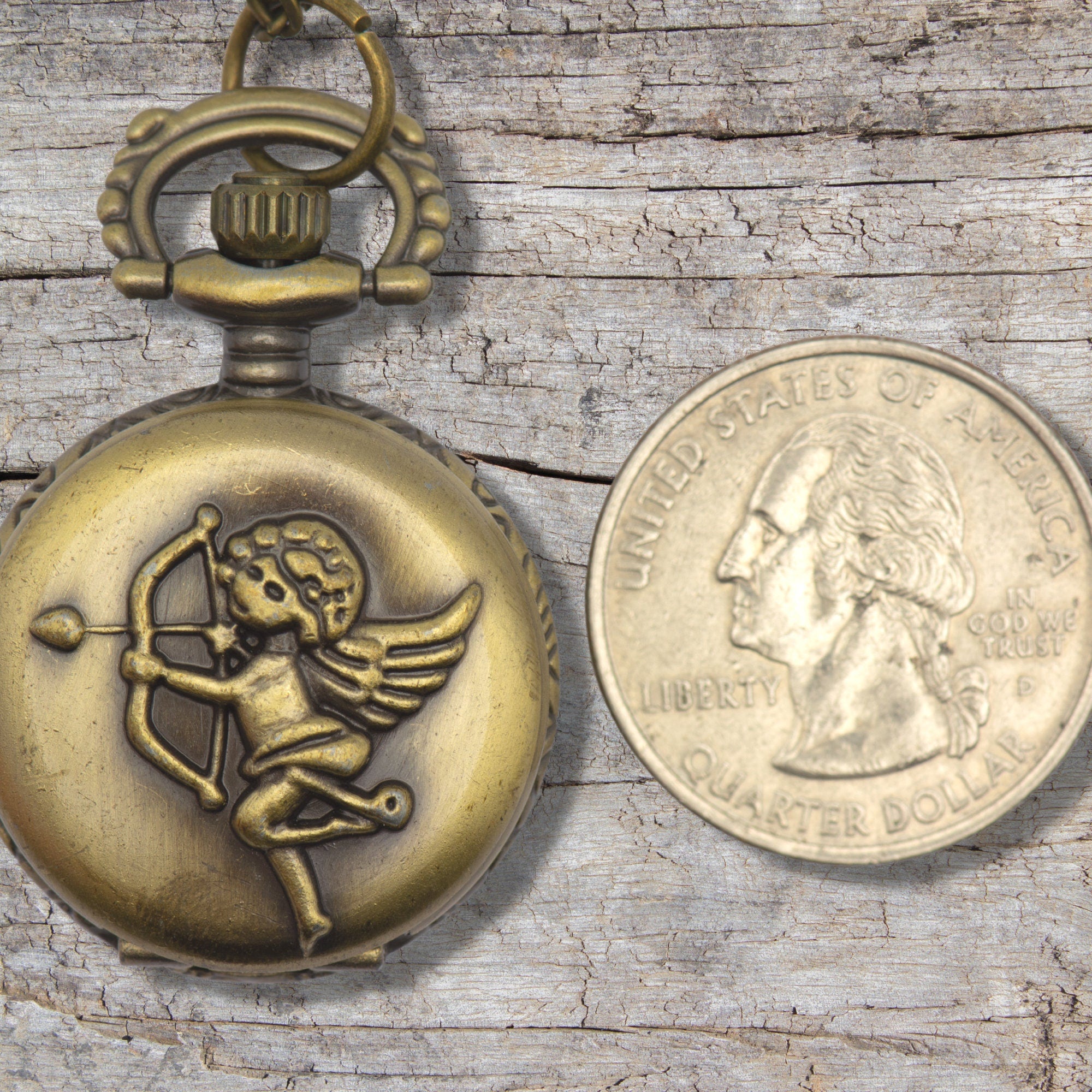 Cupid Pocket Watch Necklace | Valentine's Day Watch | Bronze | Bow and Arrow | Locket Watch | Long Chain