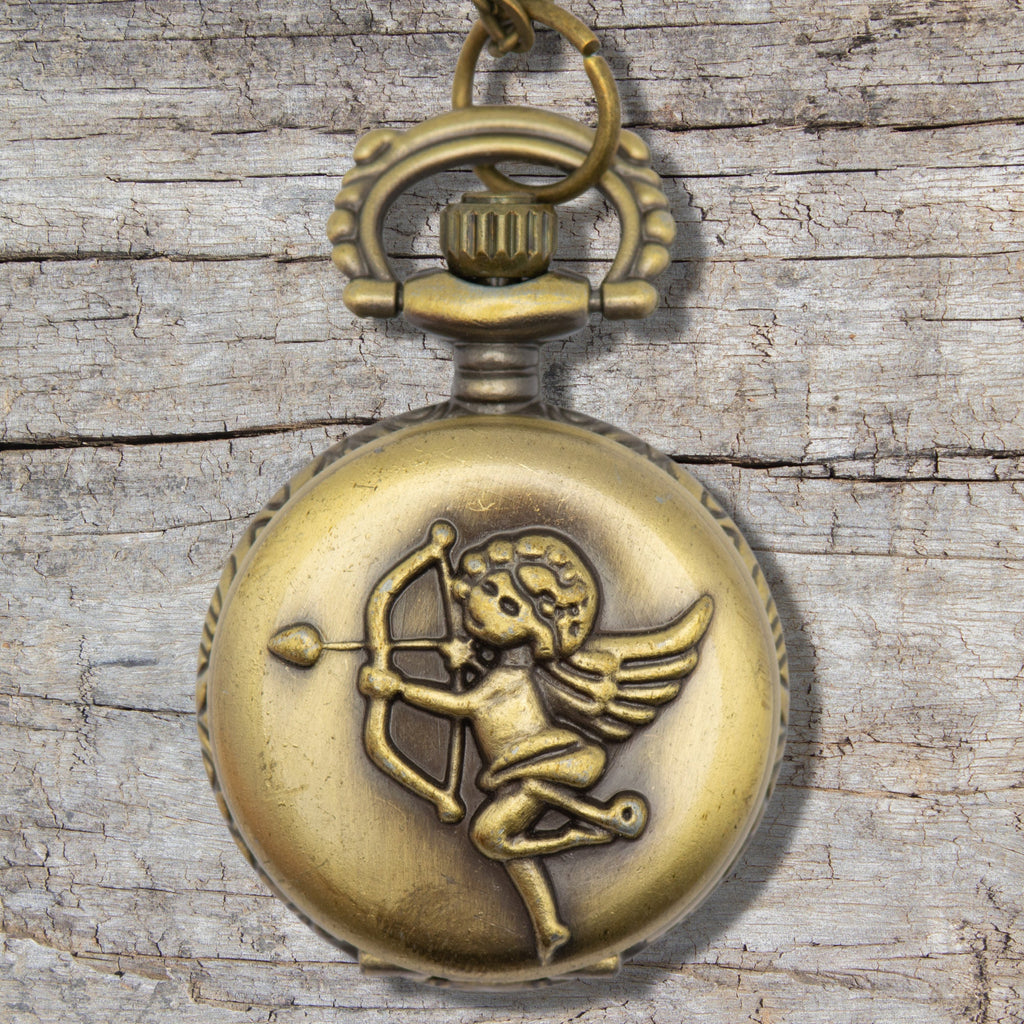 Cupid Pocket Watch Necklace | Valentine's Day Watch | Bronze | Bow and Arrow | Locket Watch | Long Chain