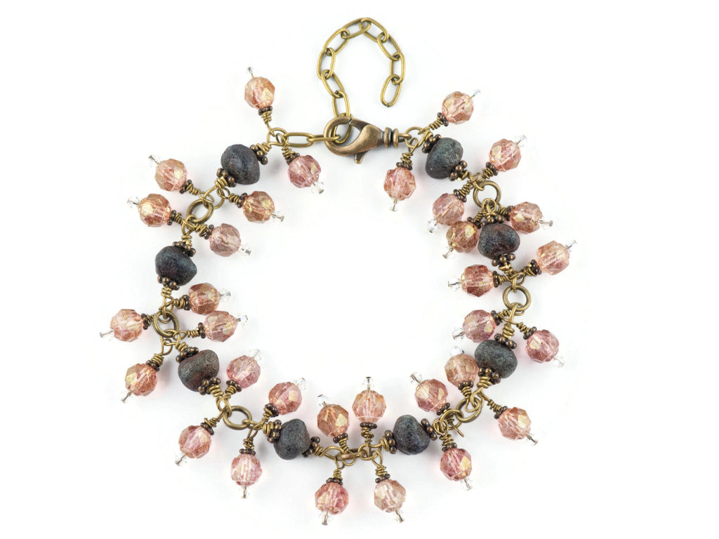 Vintage Pink Czech Glass and Black Stone Antique Brass Charm Bracelet / Brass Jewelry / Boho Bracelet / Handmade Gift