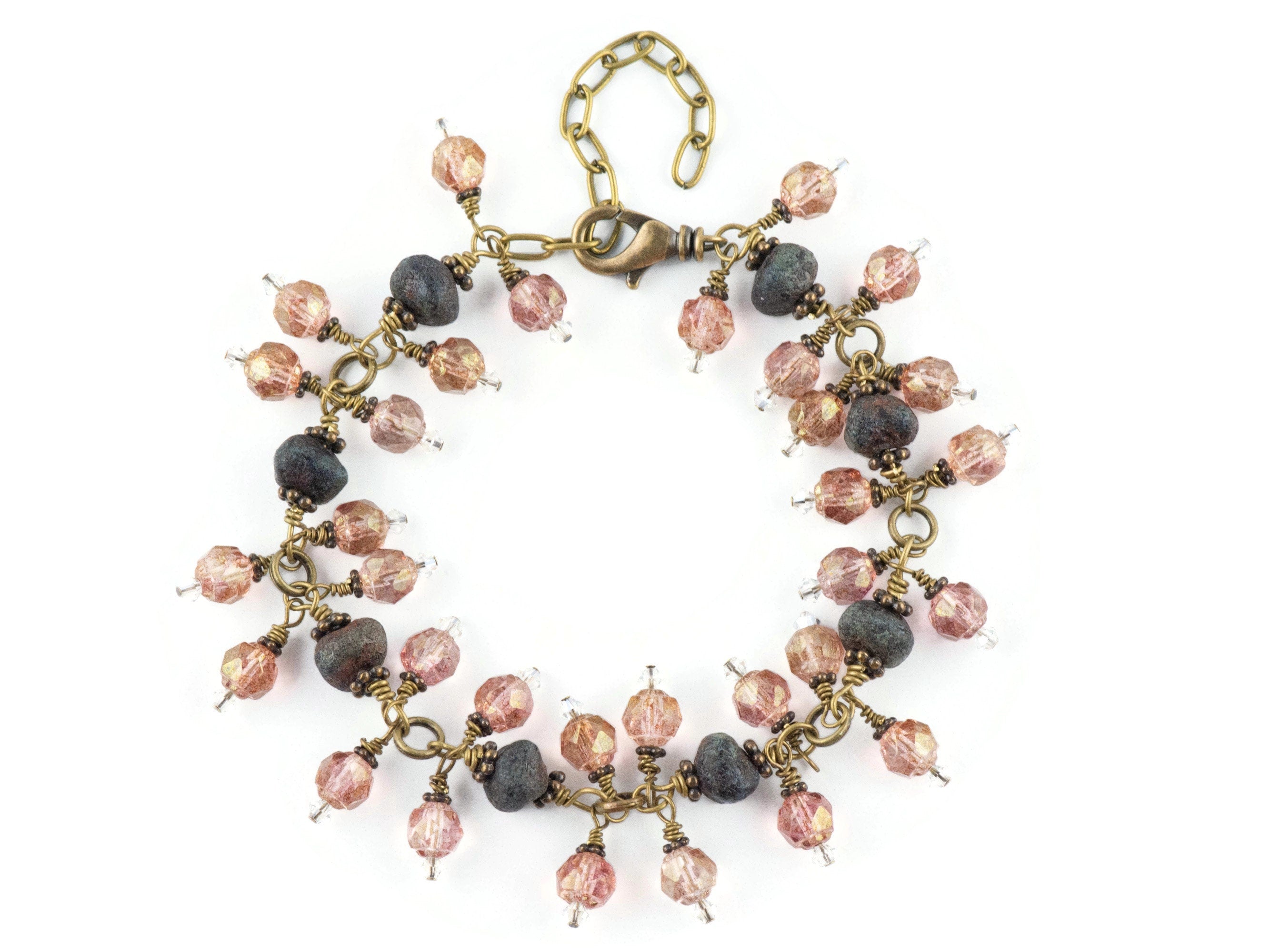 Vintage Pink Czech Glass and Black Stone Antique Brass Charm Bracelet / Brass Jewelry / Boho Bracelet / Handmade Gift