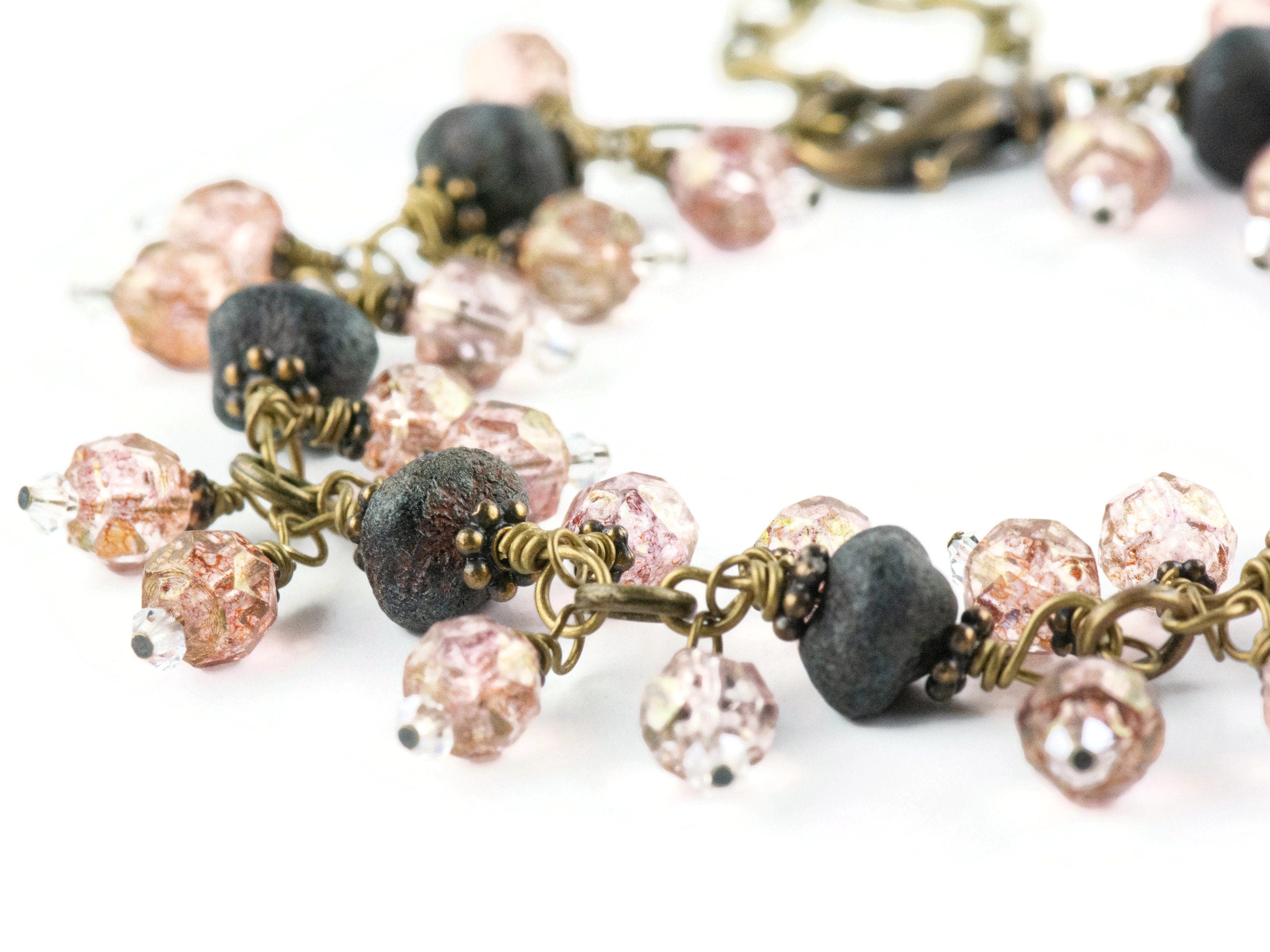 Vintage Pink Czech Glass and Black Stone Antique Brass Charm Bracelet / Brass Jewelry / Boho Bracelet / Handmade Gift