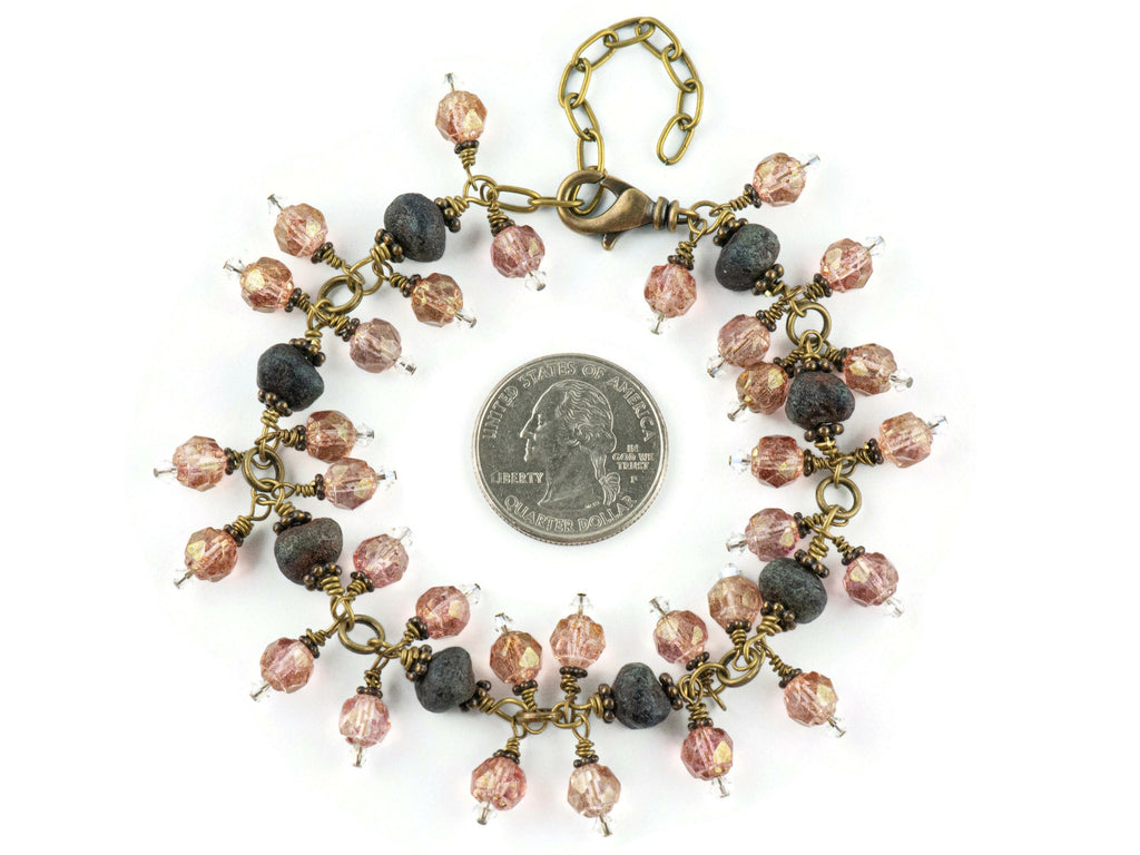 Vintage Pink Czech Glass and Black Stone Antique Brass Charm Bracelet / Brass Jewelry / Boho Bracelet / Handmade Gift