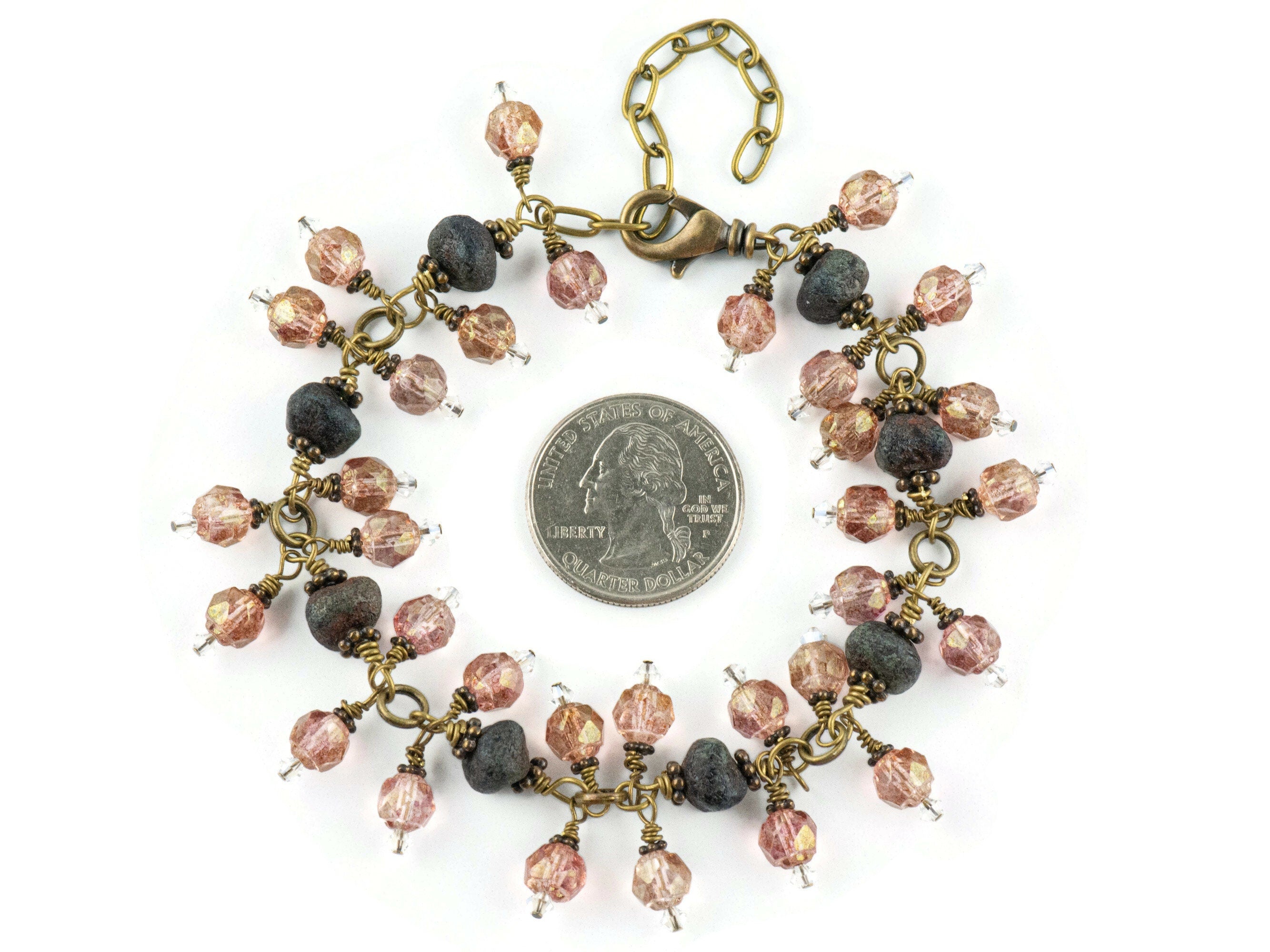 Vintage Pink Czech Glass and Black Stone Antique Brass Charm Bracelet / Brass Jewelry / Boho Bracelet / Handmade Gift