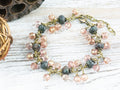 Vintage Pink Czech Glass and Black Stone Antique Brass Charm Bracelet / Brass Jewelry / Boho Bracelet / Handmade Gift