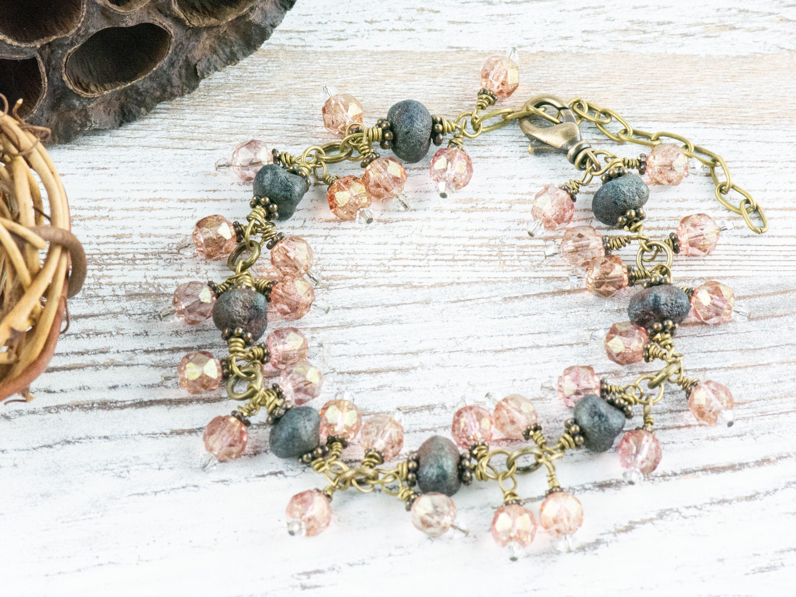 Vintage Pink Czech Glass and Black Stone Antique Brass Charm Bracelet / Brass Jewelry / Boho Bracelet / Handmade Gift
