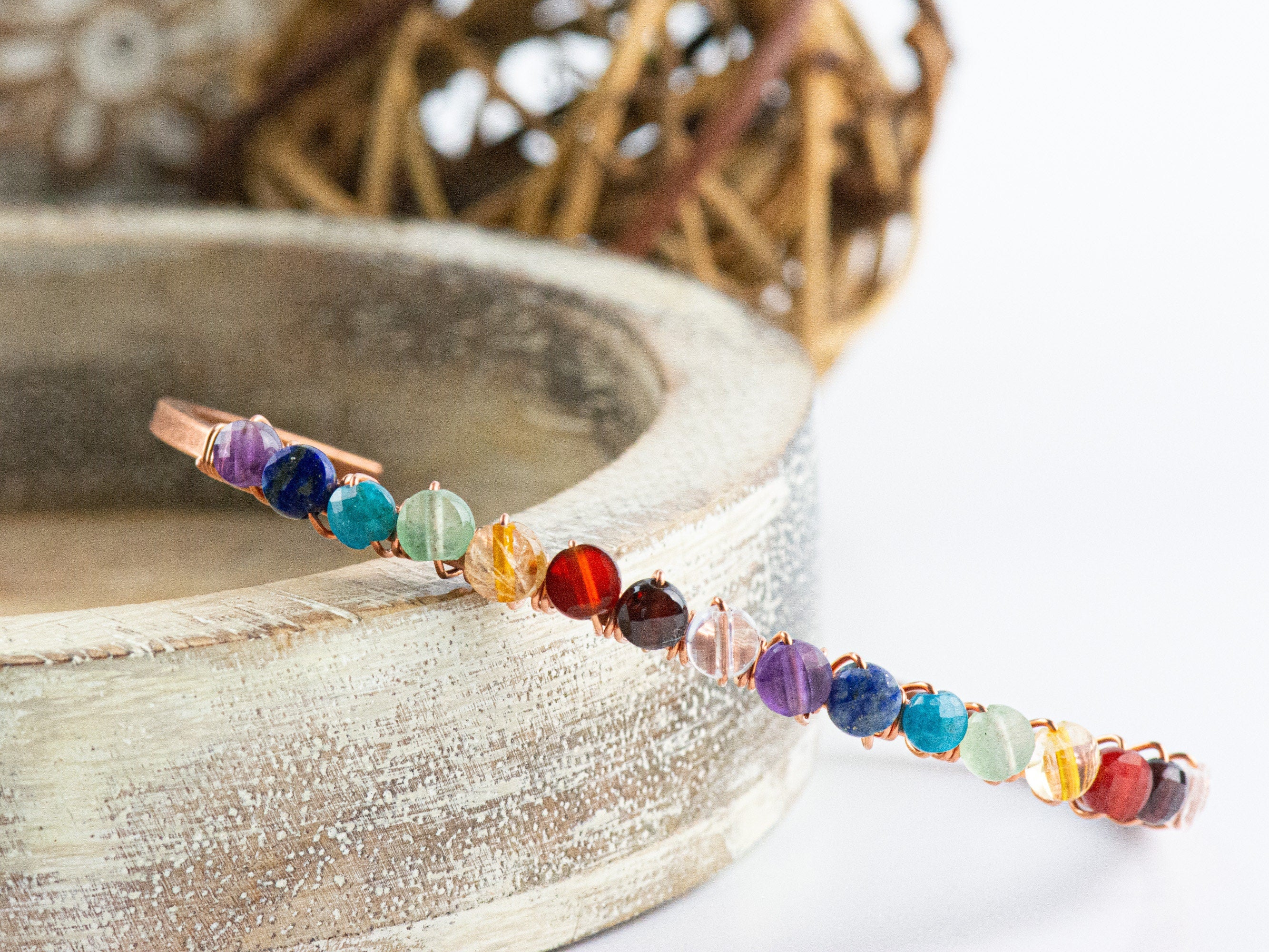 Wire Wrapped Gemstone Cuff Bracelet / Chakra Jewelry / Copper Bracelet