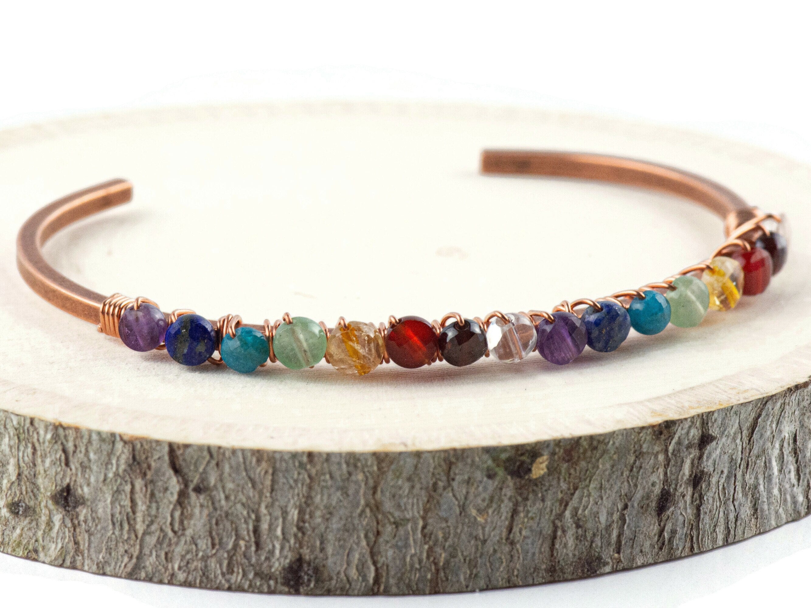 Wire Wrapped Gemstone Cuff Bracelet / Chakra Jewelry / Copper Bracelet